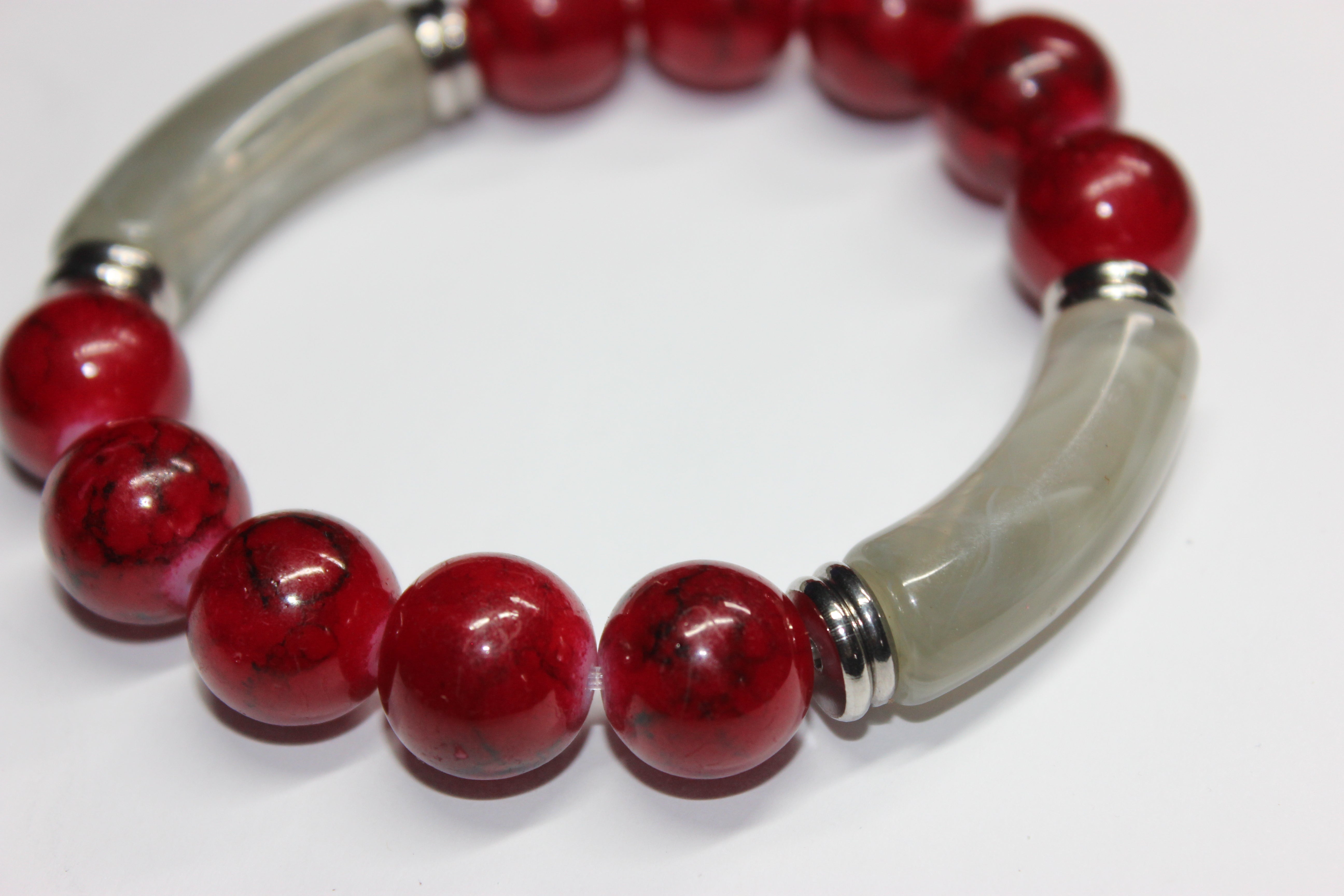 Red & Grey w/ Silver Beaded Bracelet