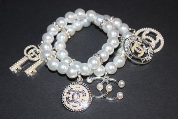 2 Piece White Pearl Charm Bracelet Set w/ Silver