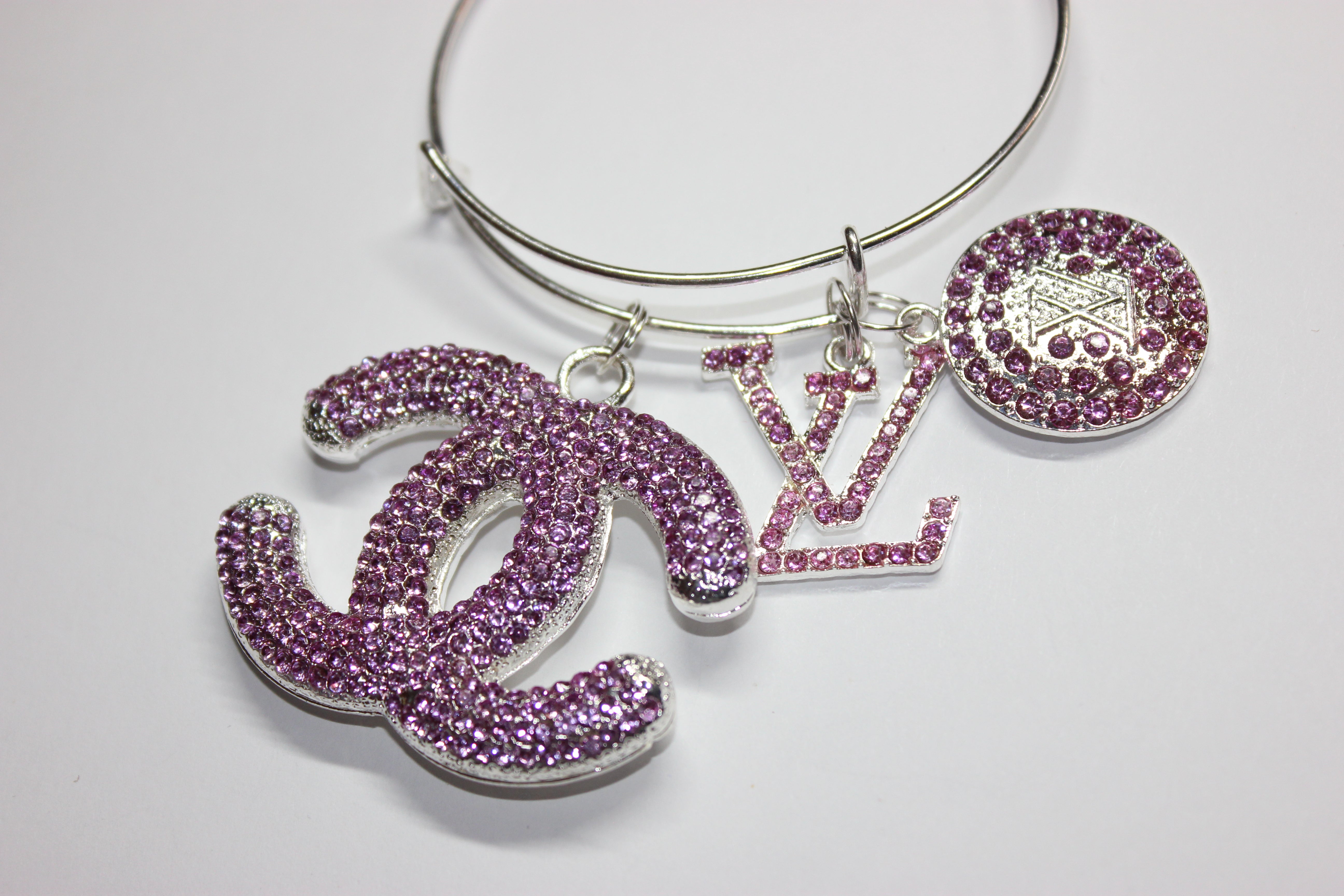 Purple & Silver Rhinestone Charm Bangle