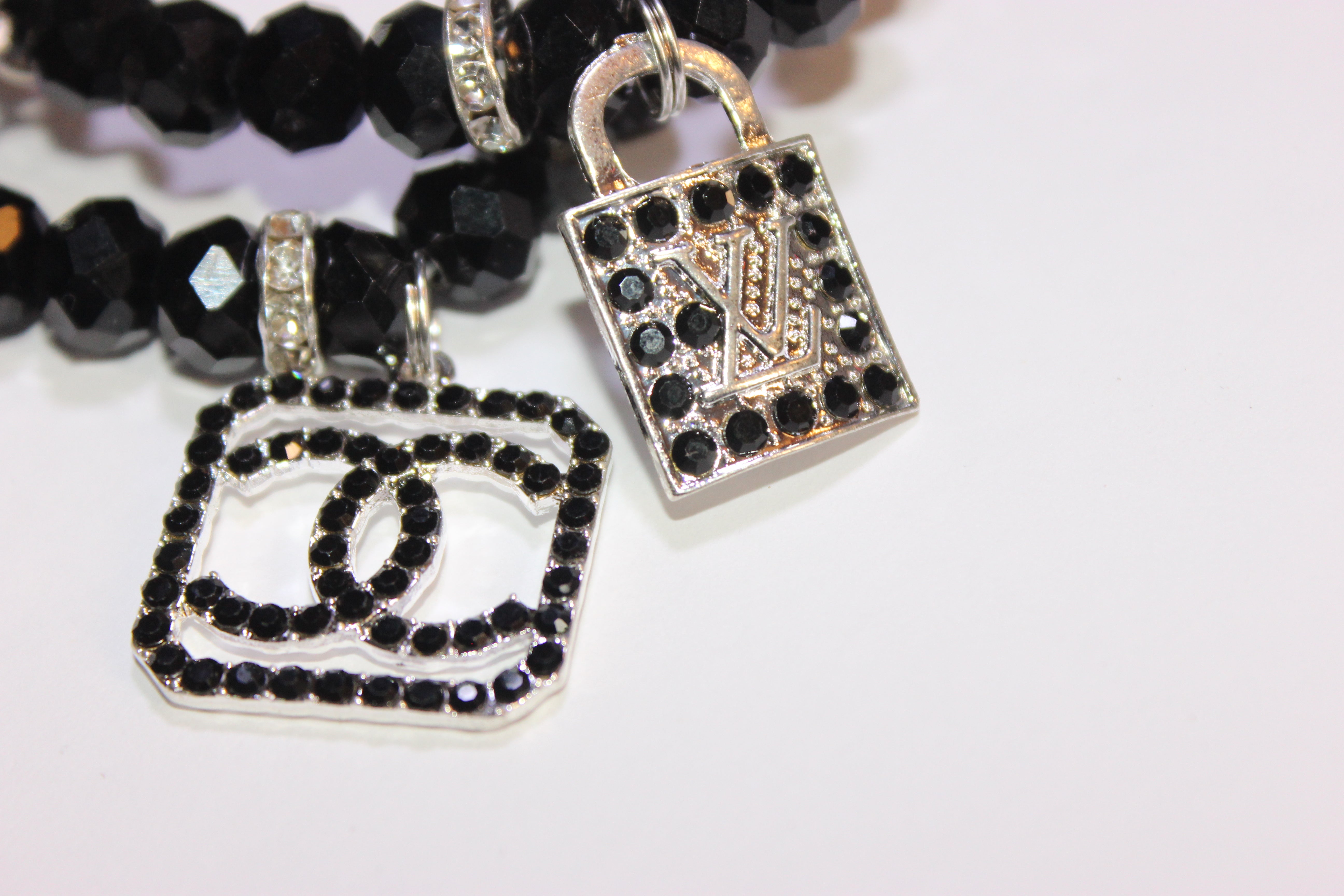 2 Piece Black & Silver Crystal Charm Bracelet Set
