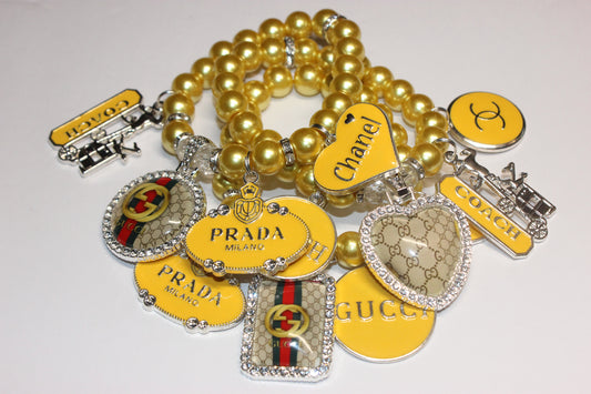 3 Piece Pearl Yellow & Silver Charm Bracelet Set