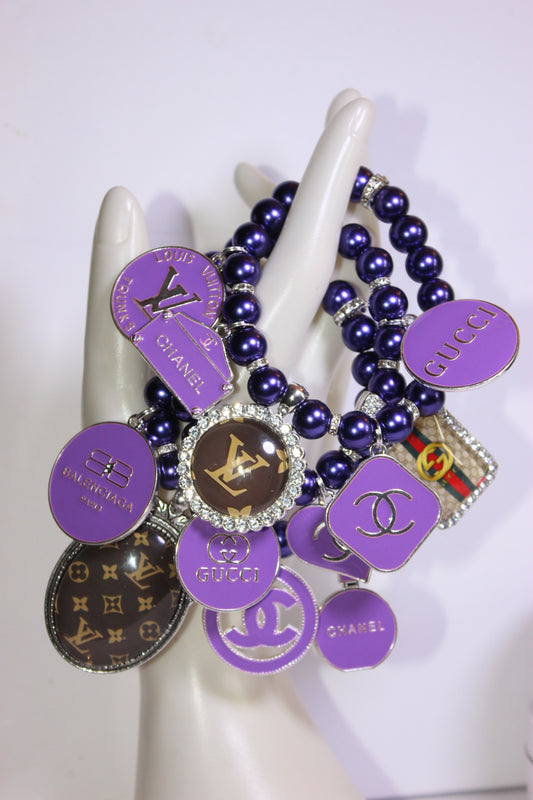 3 Piece Purple & Silver Pearl Charm Bracelet Set