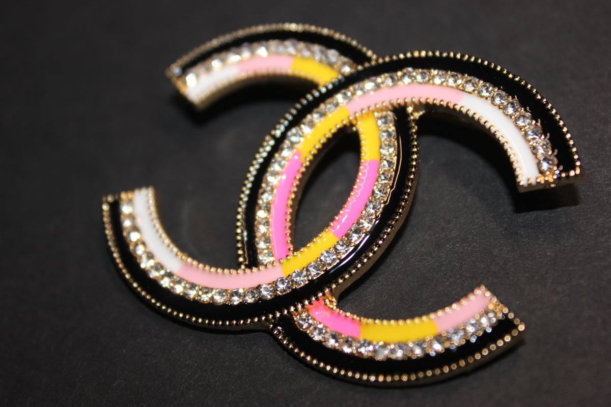 Pink/Yellow/Black/White Brooch Pin w GOLD