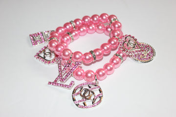 2 Piece Pink & Silver Pearl Charm Bracelet Set w/ Rhinestone Charms