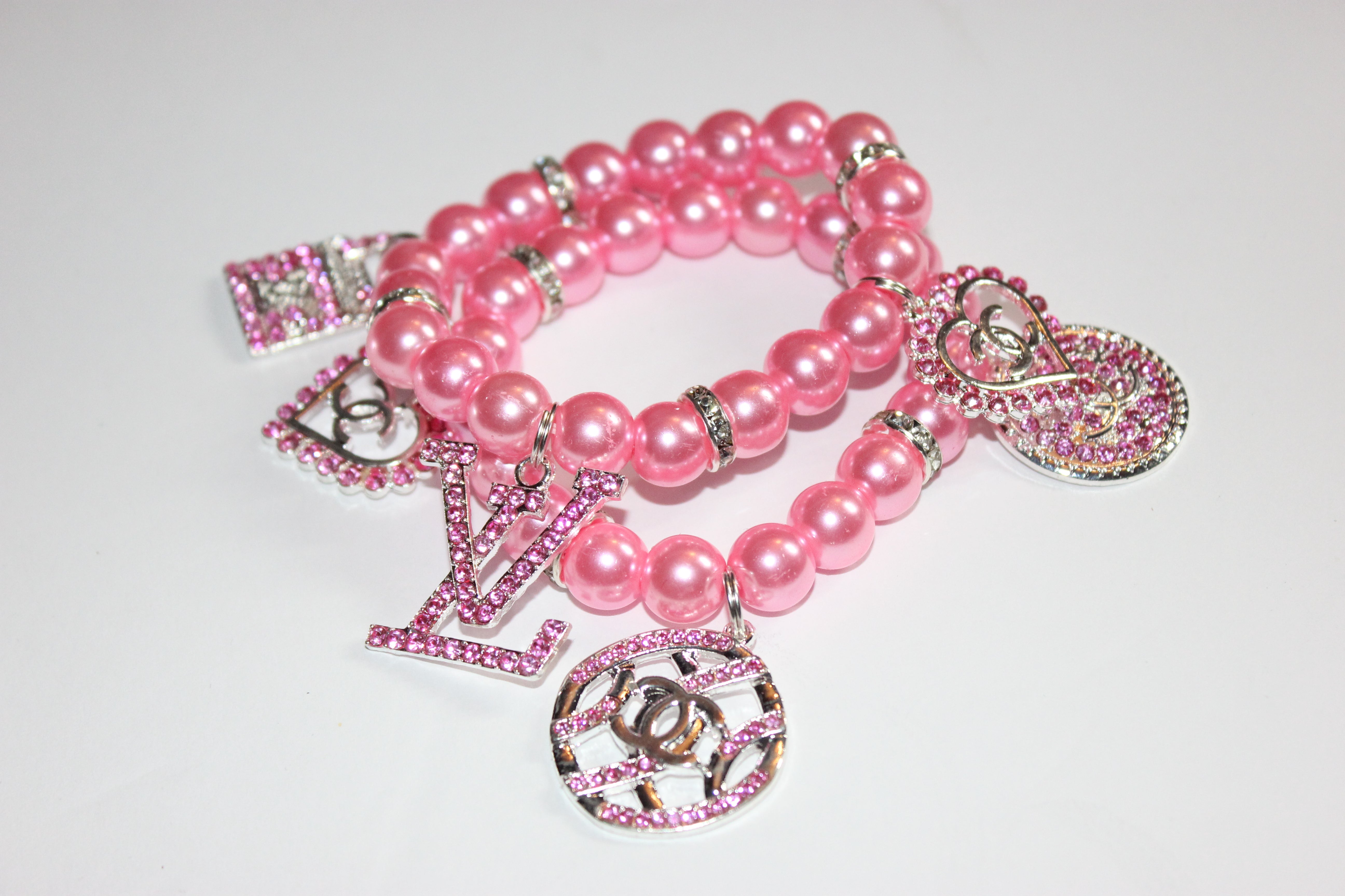 2 Piece Pink & Silver Pearl Charm Bracelet Set w/ Rhinestone Charms