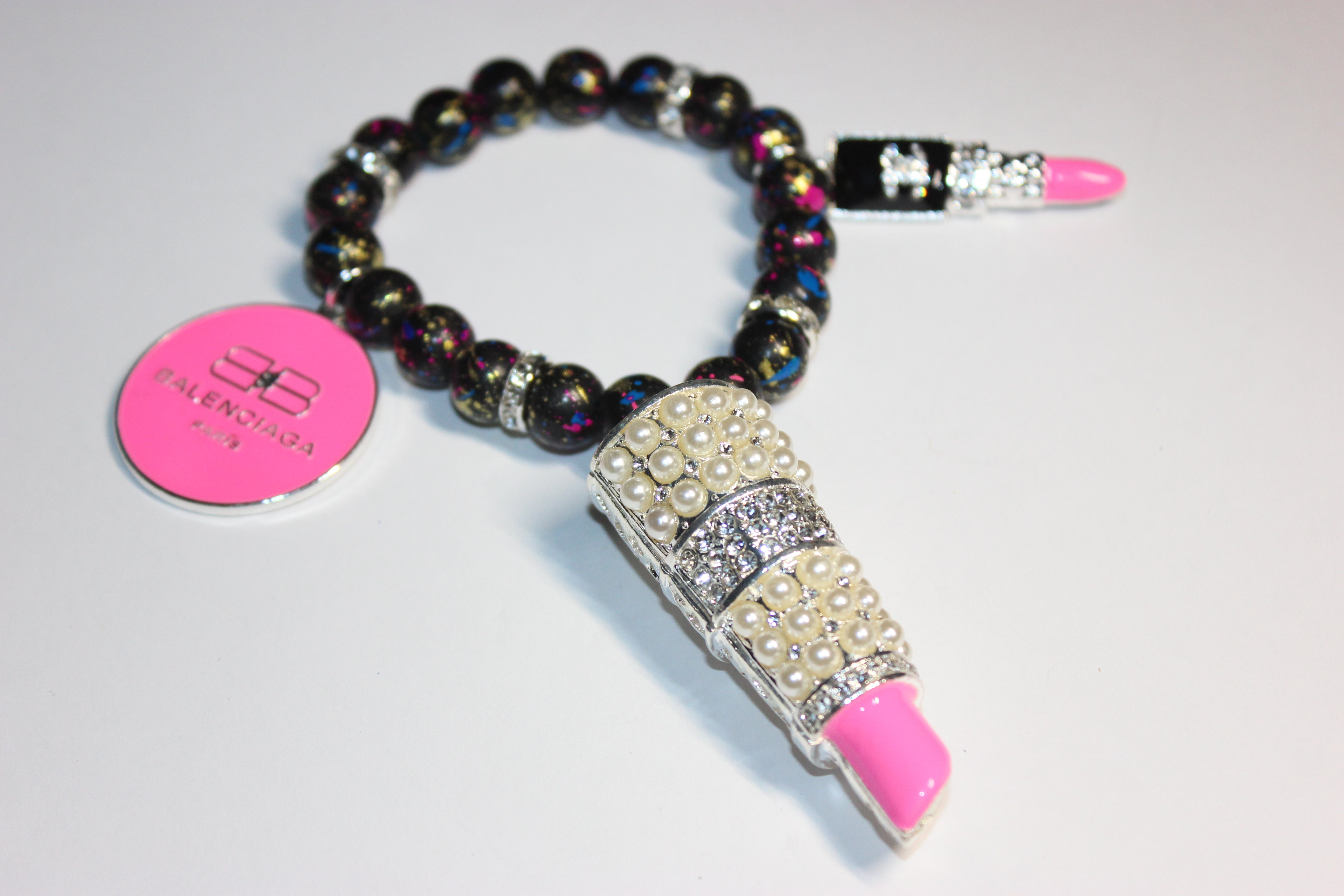 Black/Pink White w/ Silver Charm Bracelet (1)