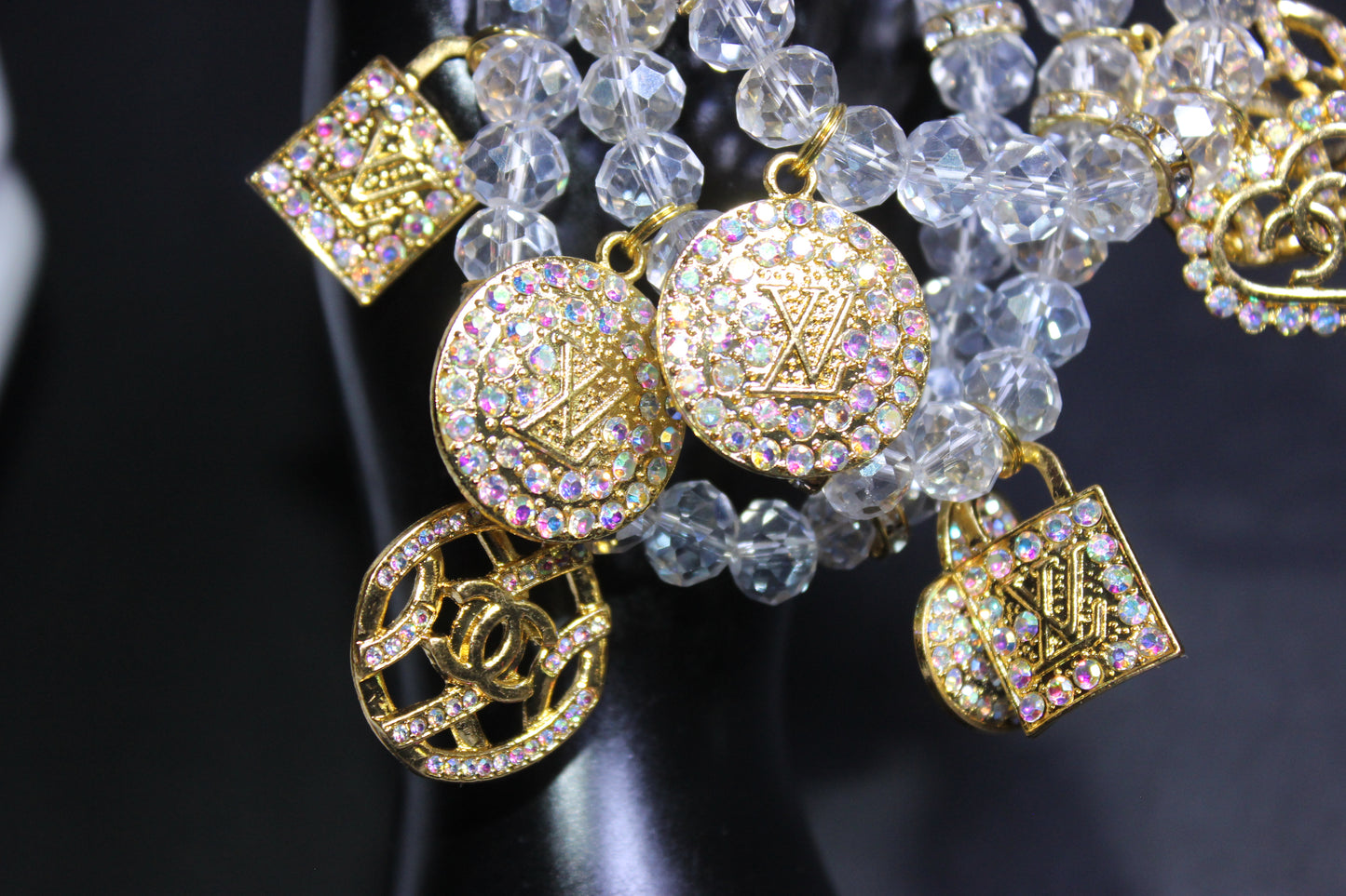 Iridescent & Gold 3 Piece Crystal Charm Bracelet Set