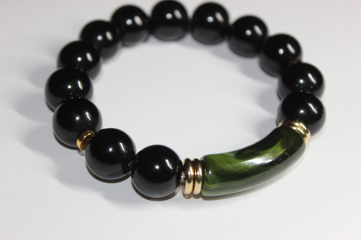 Olive Green Black & Gold Beaded Bracelet