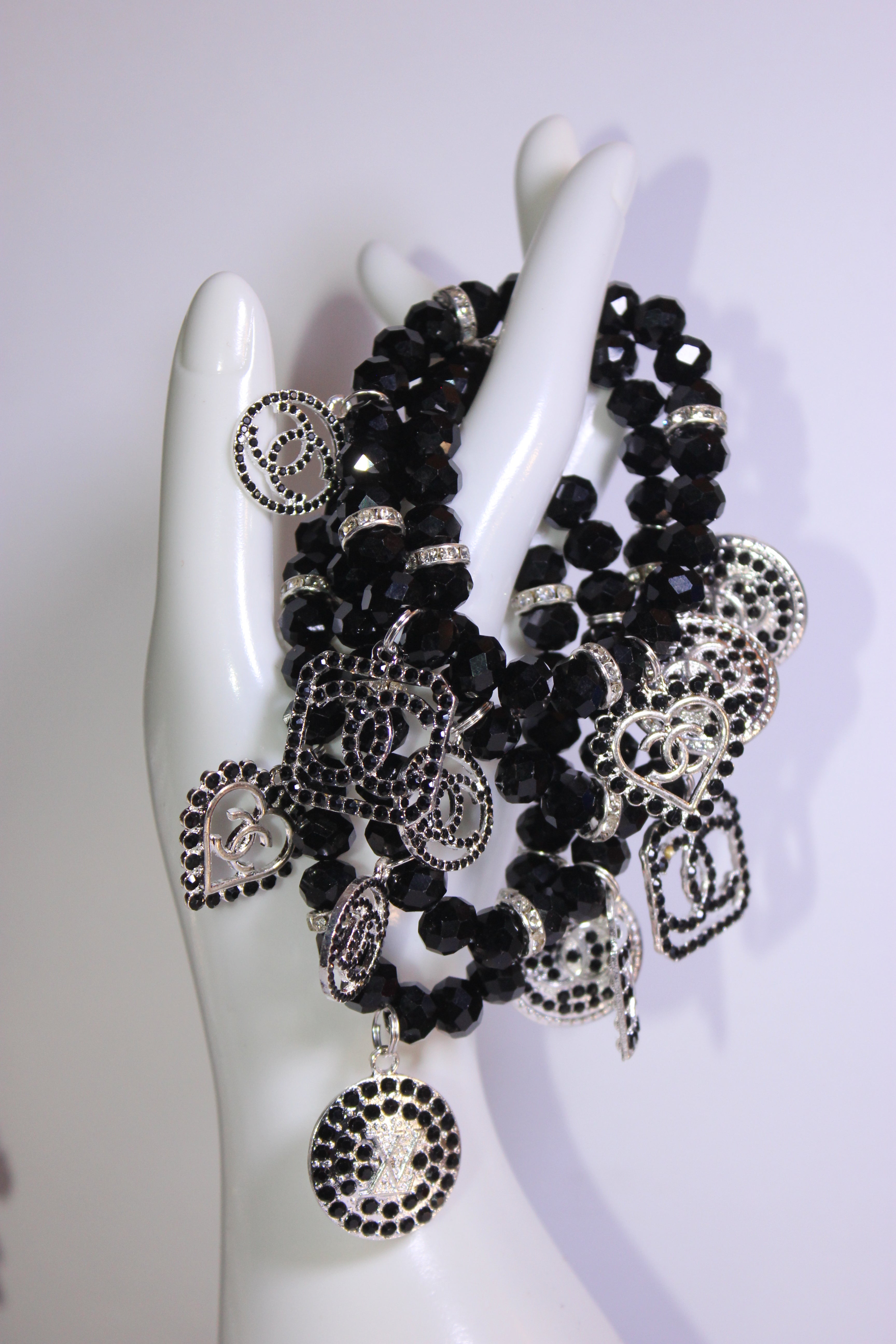 4 Piece Black & Silver Crystal Charm Bracelet Set