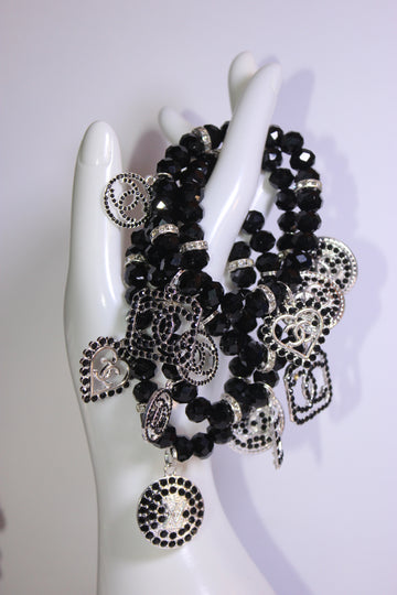 4 Piece Black & Silver Crystal Charm Bracelet Set