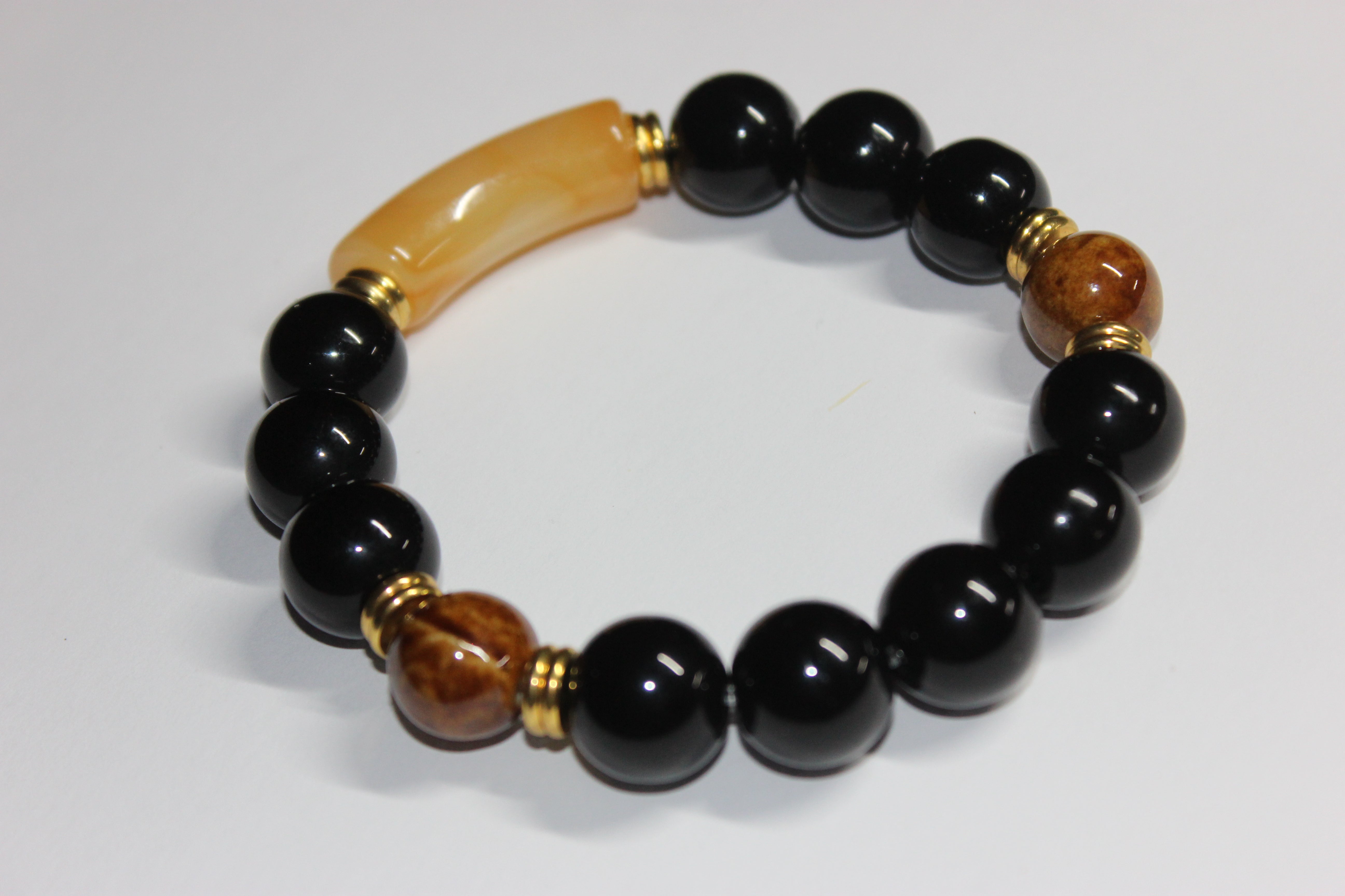Black Topaz & Brown w/ Gold Beaded Bracelet