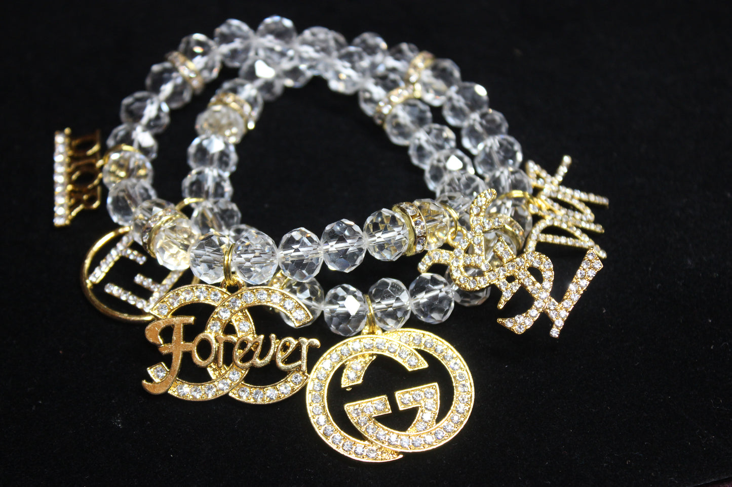 2 Piece Clear & Gold Crystal Charm Bracelet Set