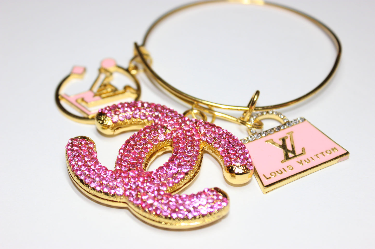 Pink & Gold Rhinestone Charm Bangle Bracelet