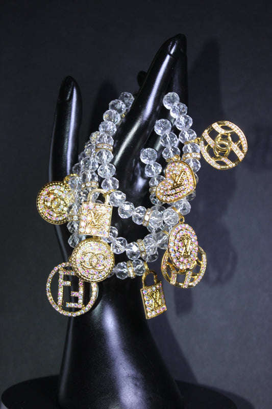 3 Piece Clear & Gold Crystal Charm Bracelet Set with Gold & Iridescent Rhinestone Charms