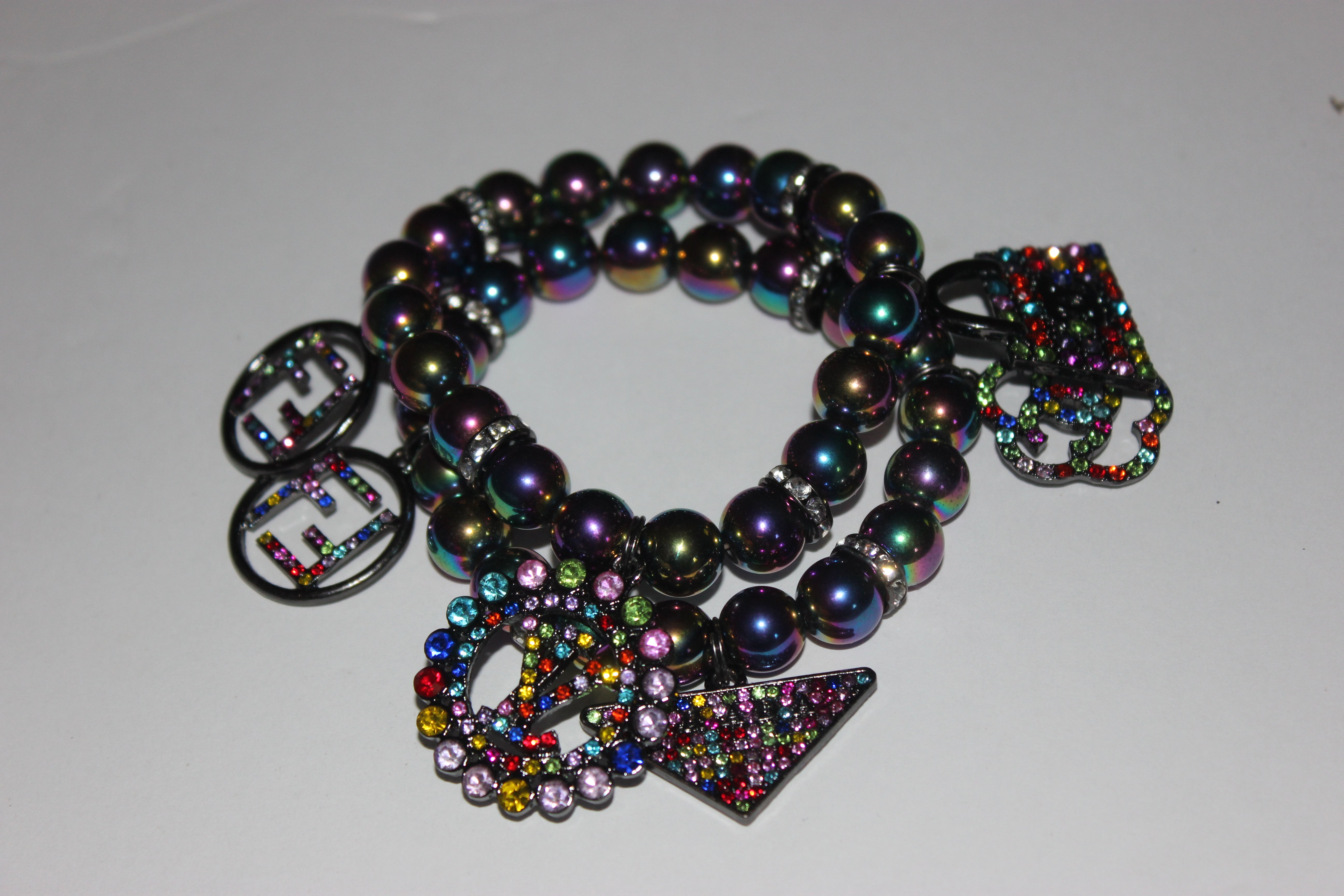2 Piece Multicolored Gemstone Beaded Bracelet with Rhinestone Charms