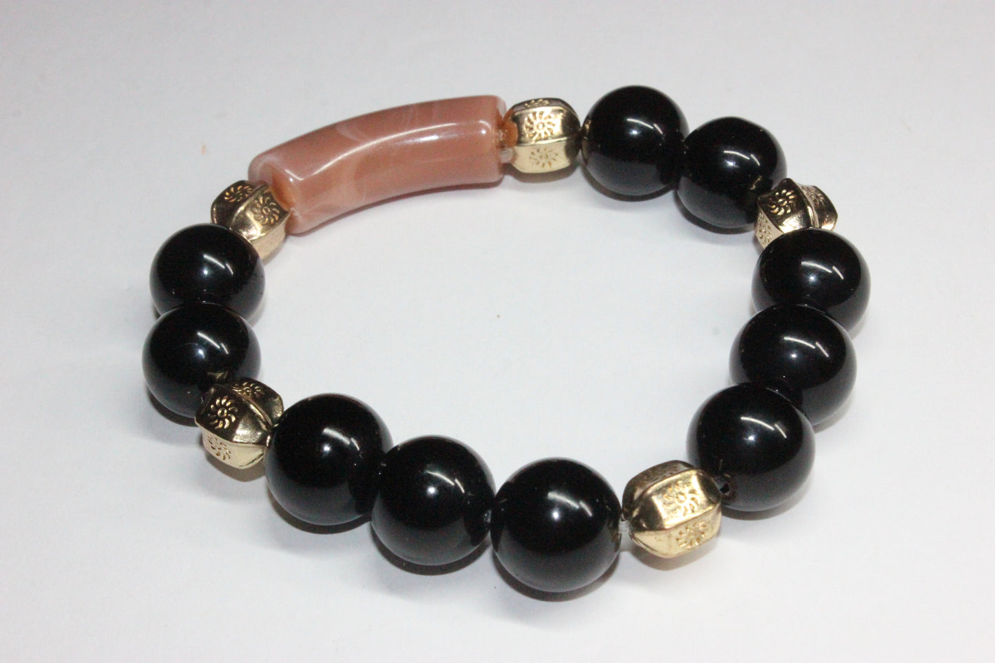 Black & Coral Marble Beaded Bracelet Set In Gold