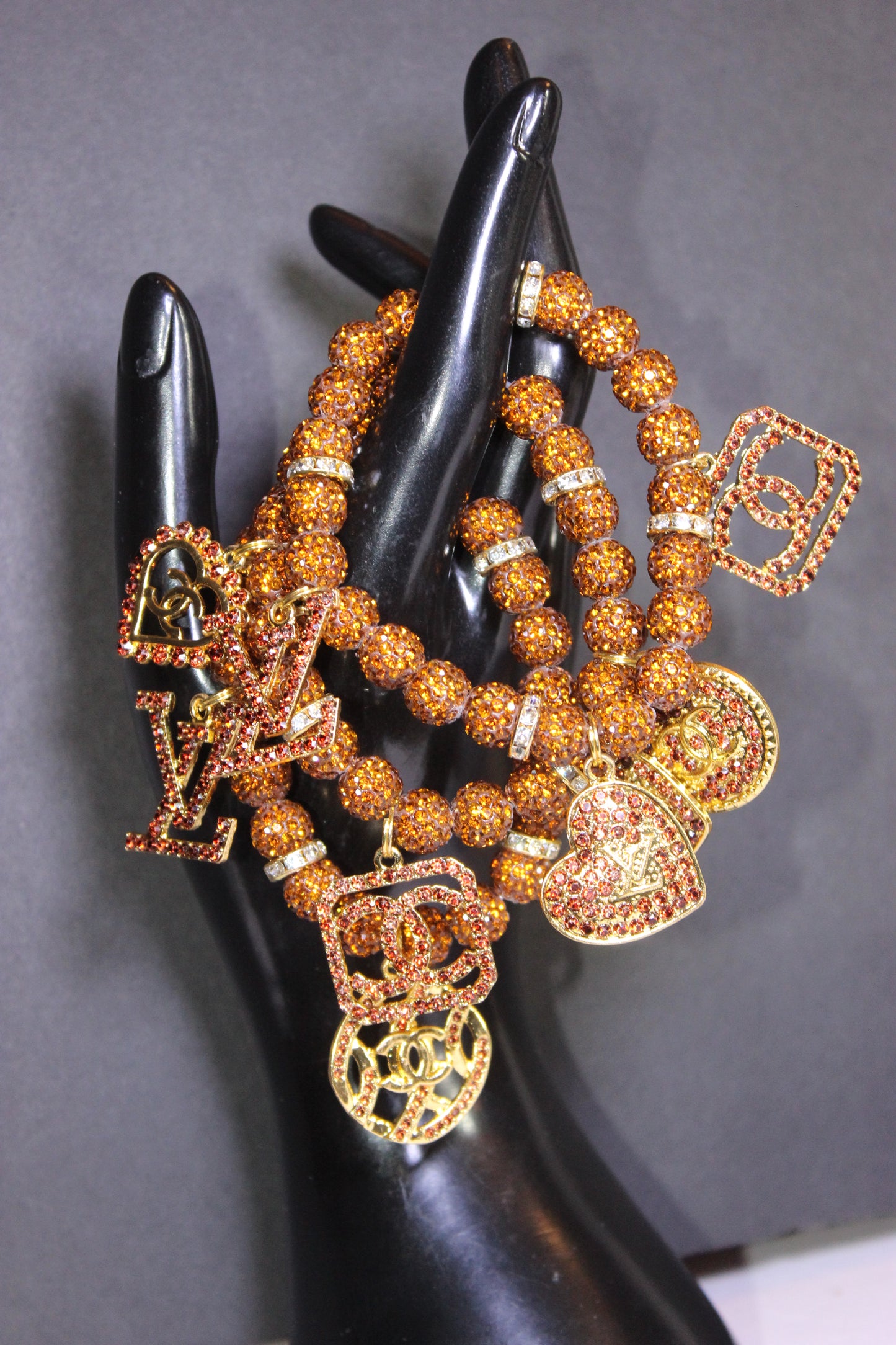 3 Piece Brown Gold & Topaz Rhinestone Charm Bracelet Set