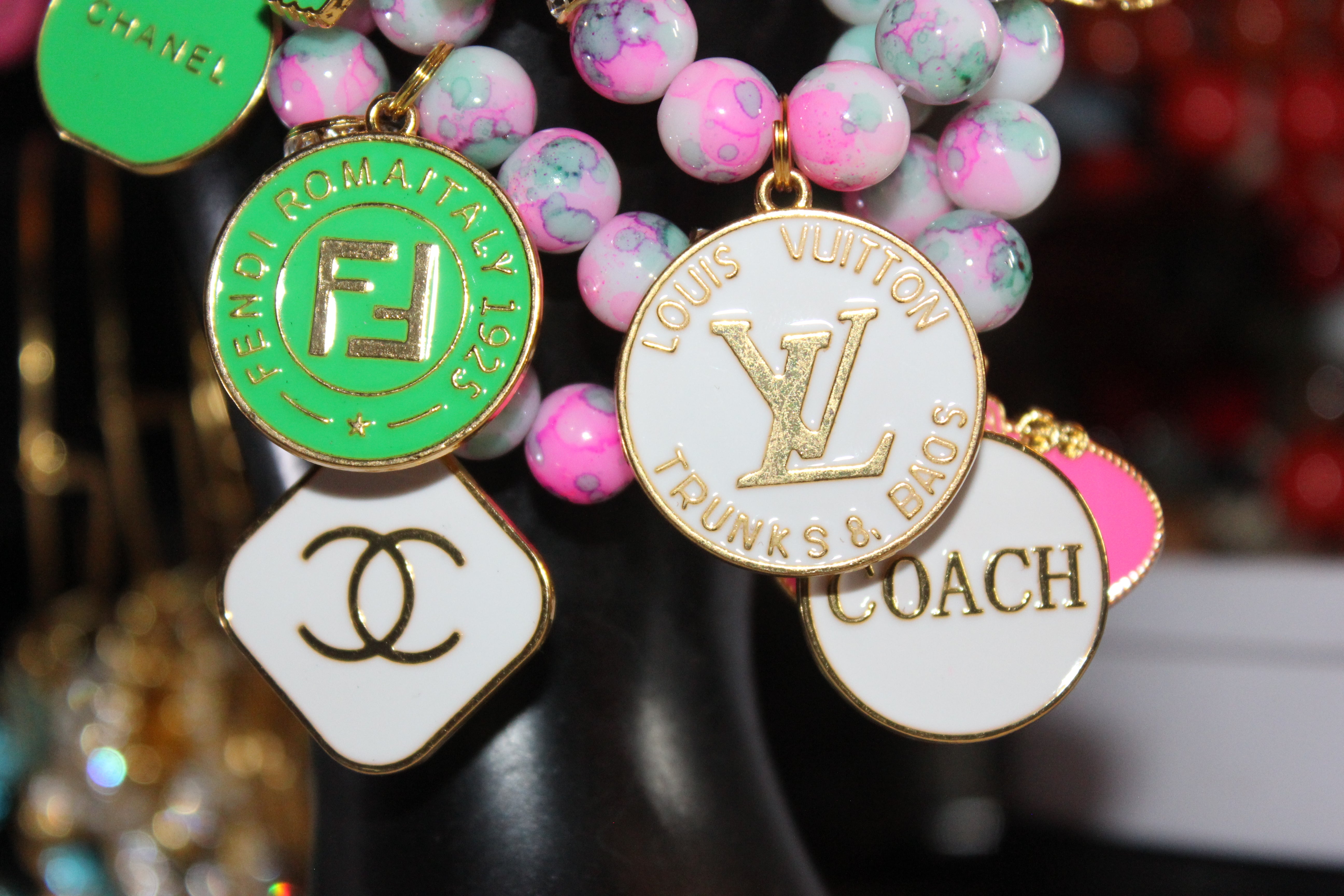 3 Piece Pink Green & White w/ Gold Charm Bracelet Set