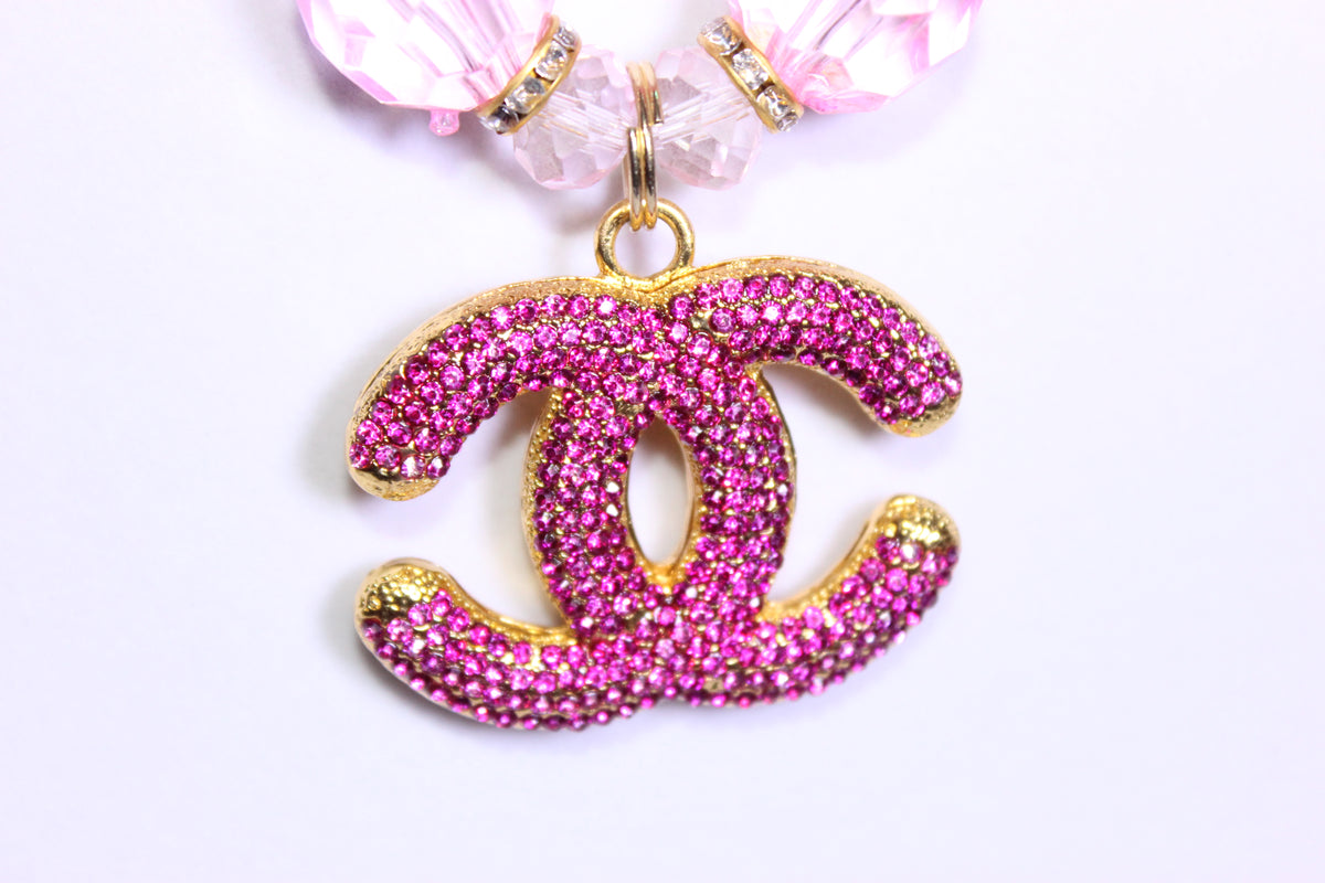 Pink & Gold Rhinestone Charm Necklace & Earrings Set