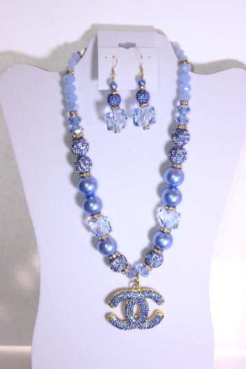 Light Blue Stonewashed Pearl & Rhinestone Charm Necklace & Earrings Set (Gold)