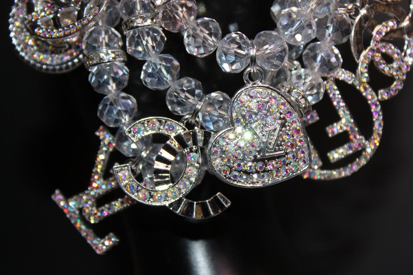 3 Piece Iridescent Charm Bracelet Set With Iridescent Rhinestone Charms