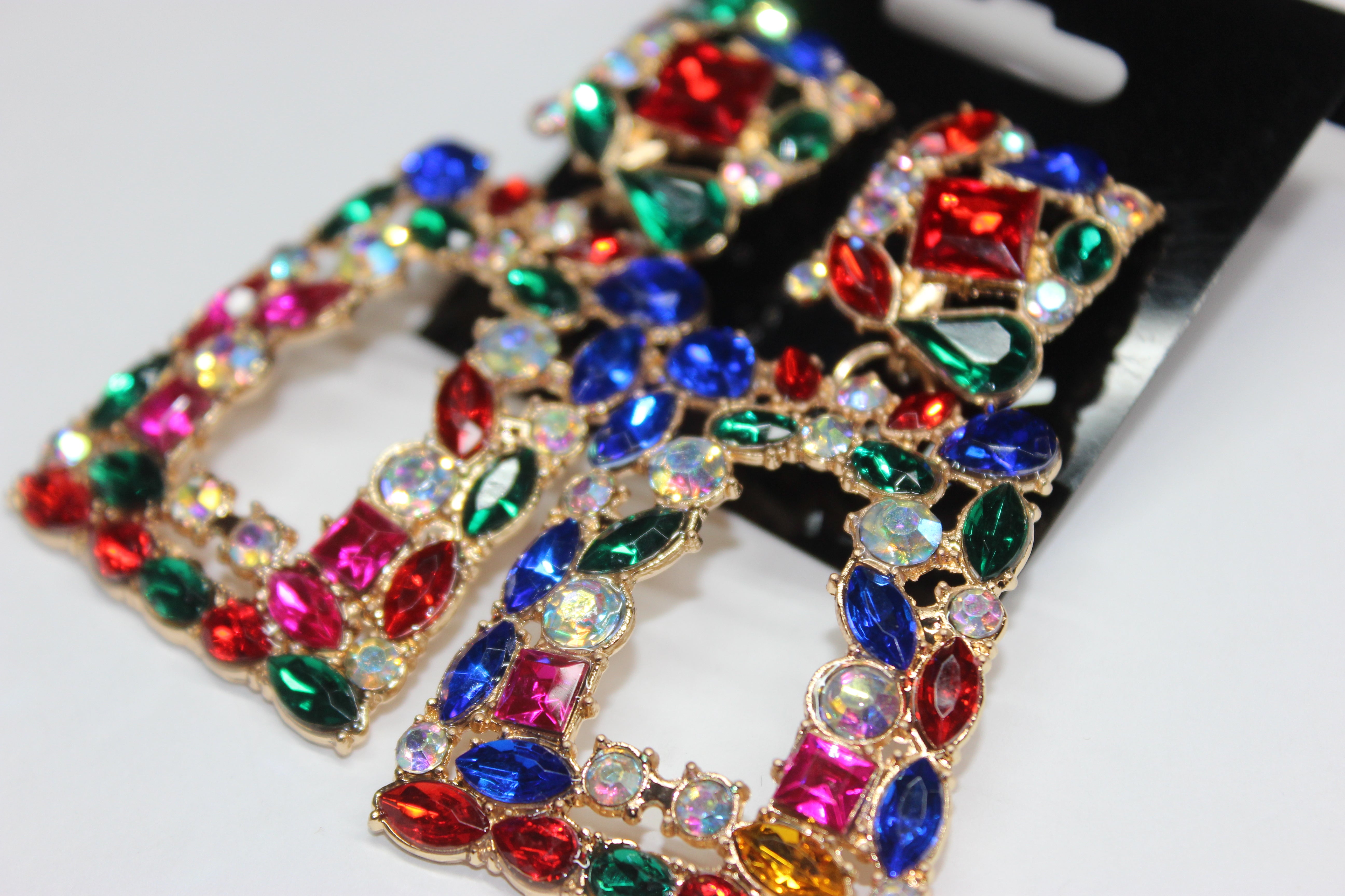 Multicolored Rhinestone & Gold Post Earrings