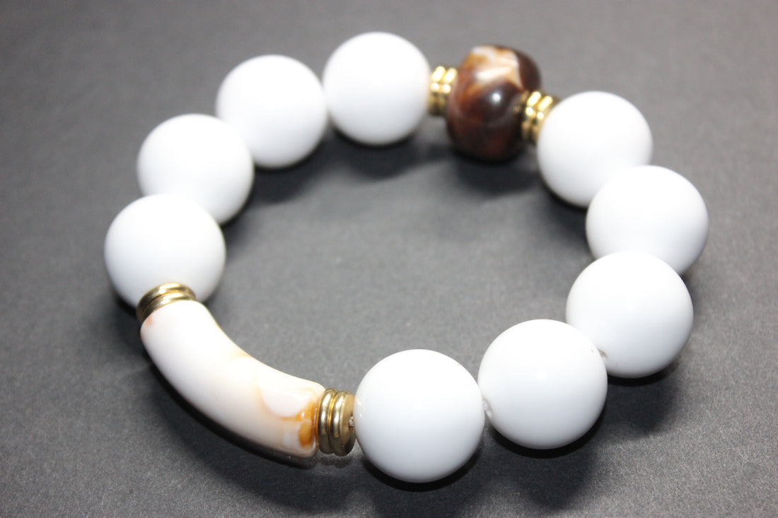 White Brown & Gold Large Beaded Bracelet