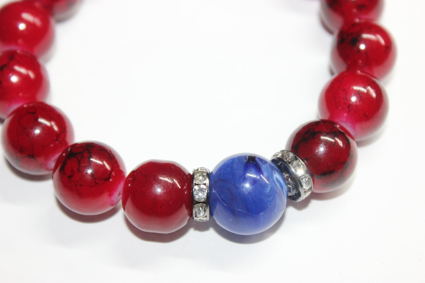 Red & Blue Set In Silver Beaded Bracelet