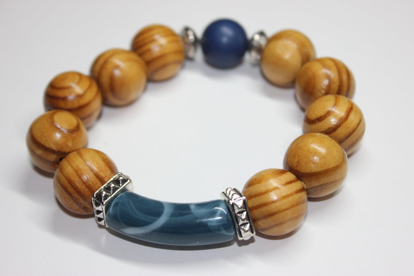 Shades Of Blue & Wood Beaded Bracelet