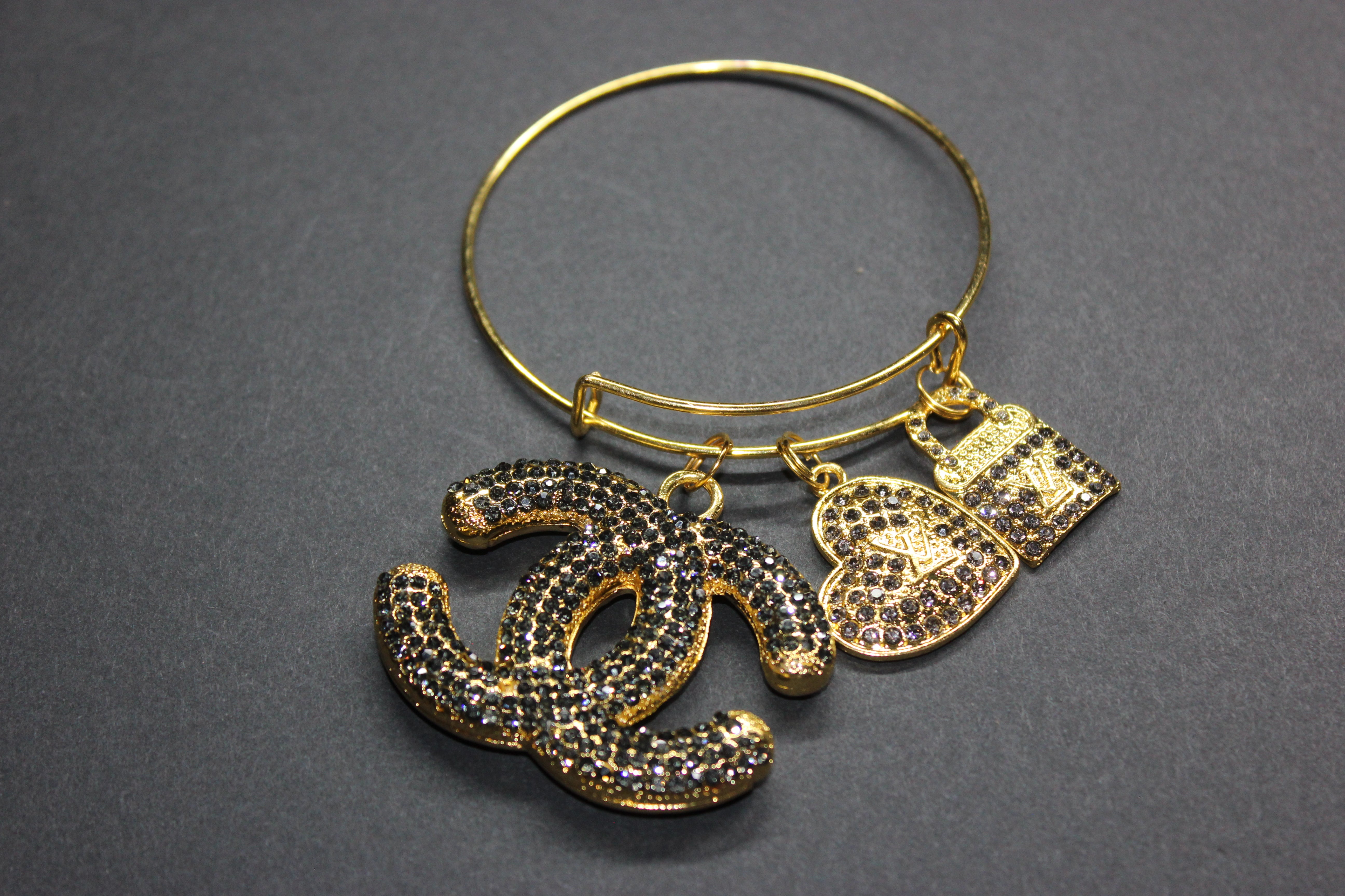 Grey & Gold Rhinestone Charm Bangle