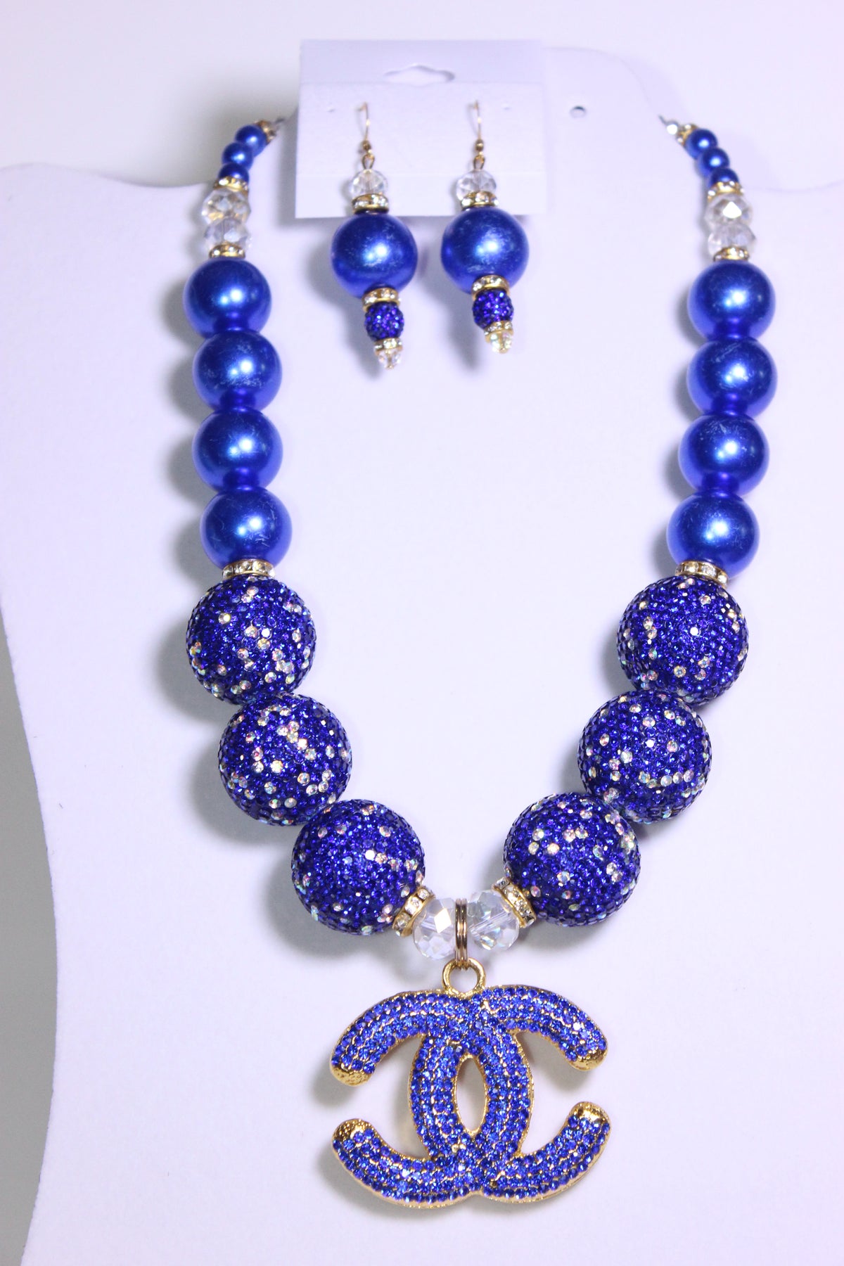 Blue Stonewashed Pearl & Rhinestone Charm Necklace Set with Earrings (GOLD)