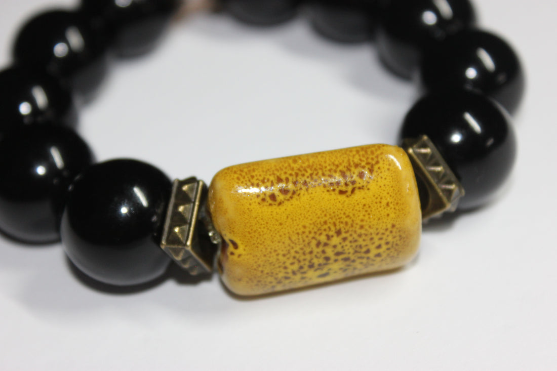 Black & Mustard Large Beaded Bracelet