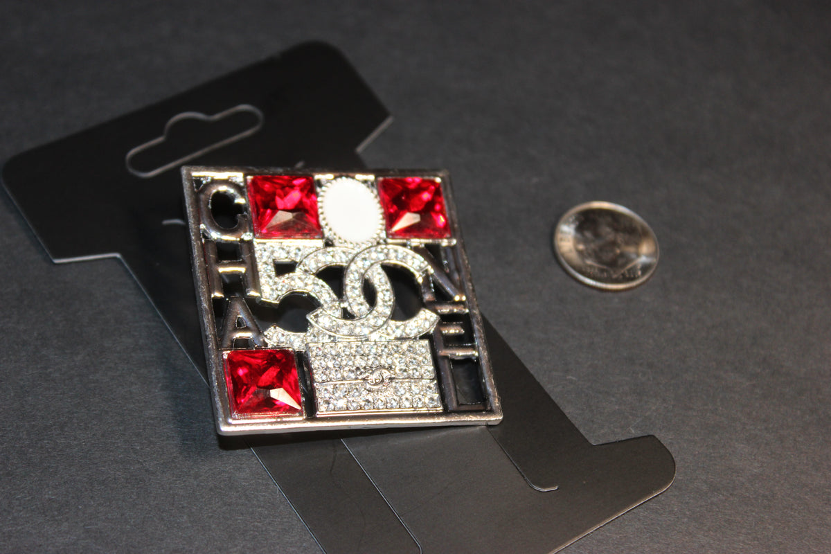 Red & Silver Pearl Rhinestone Brooch Pin