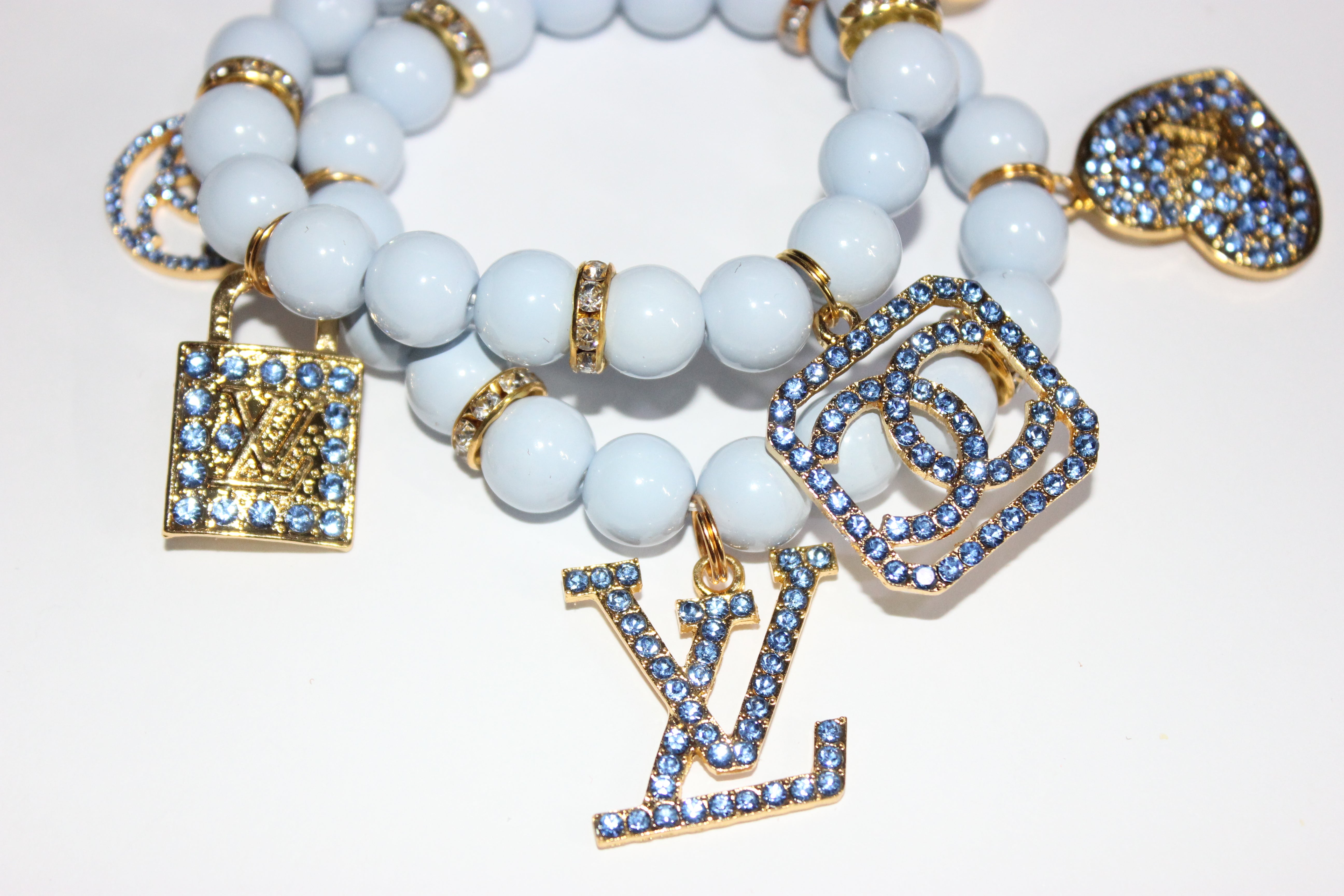2 Piece Shades Of Light Blue & Gold Charm Bracelet Set
