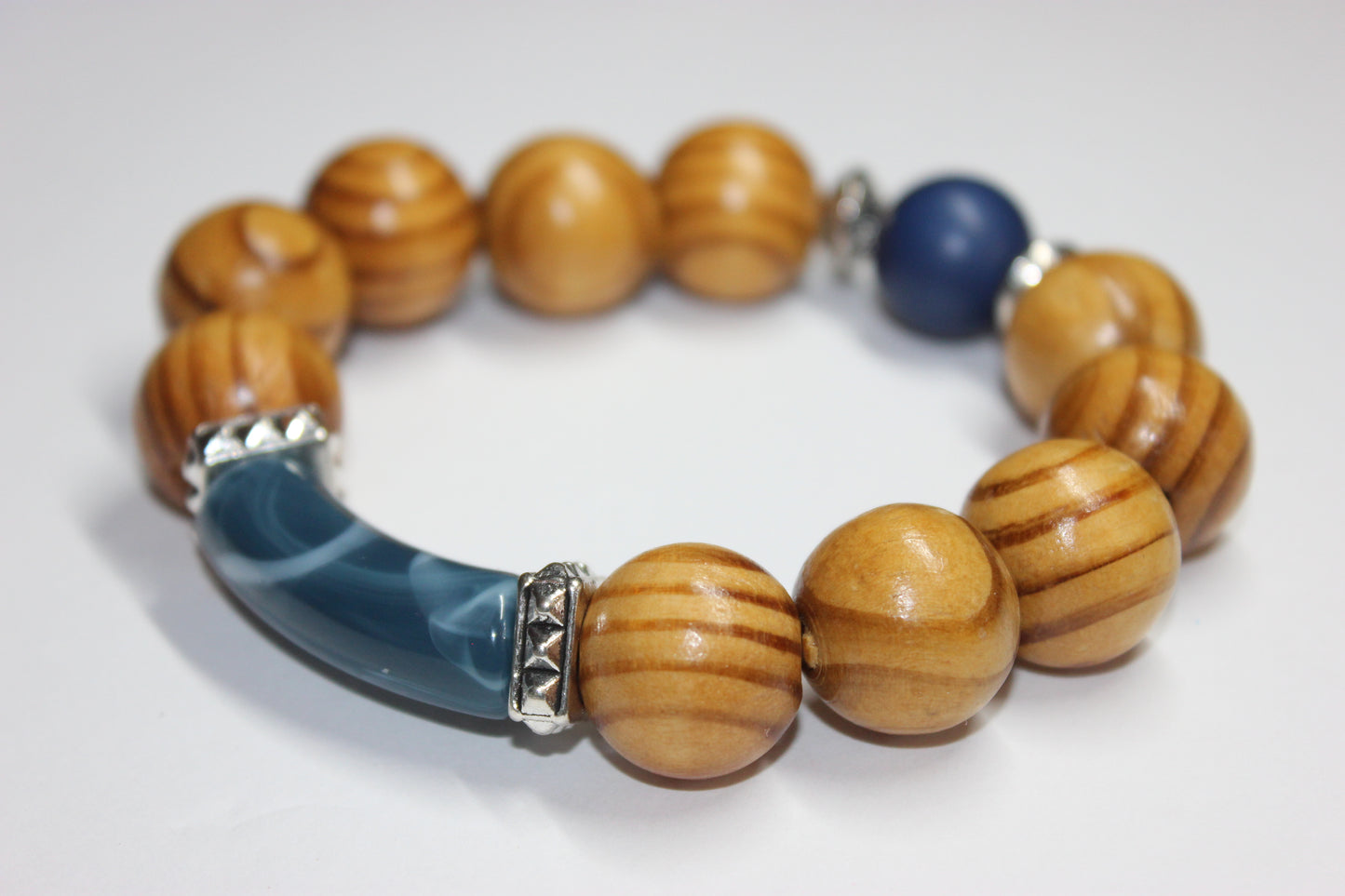 Shades Of Blue & Wood Beaded Bracelet