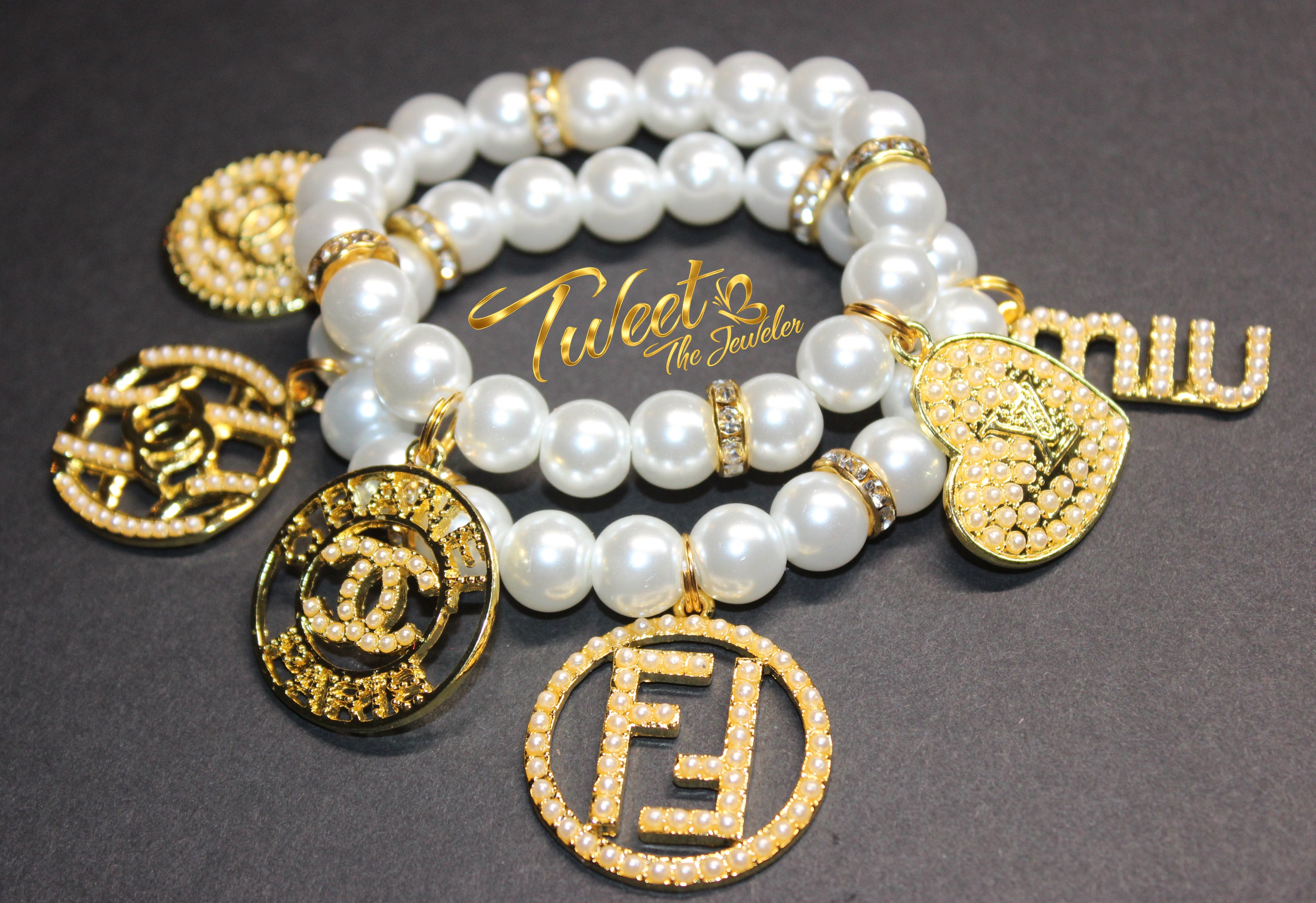2 Piece White Pearl & Gold Charm Bracelet Set