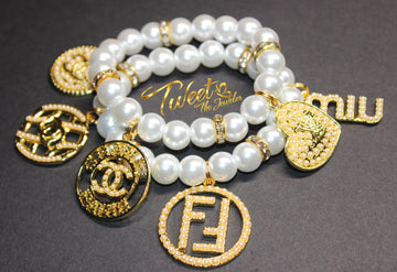 2 Piece White Pearl & Gold Charm Bracelet Set