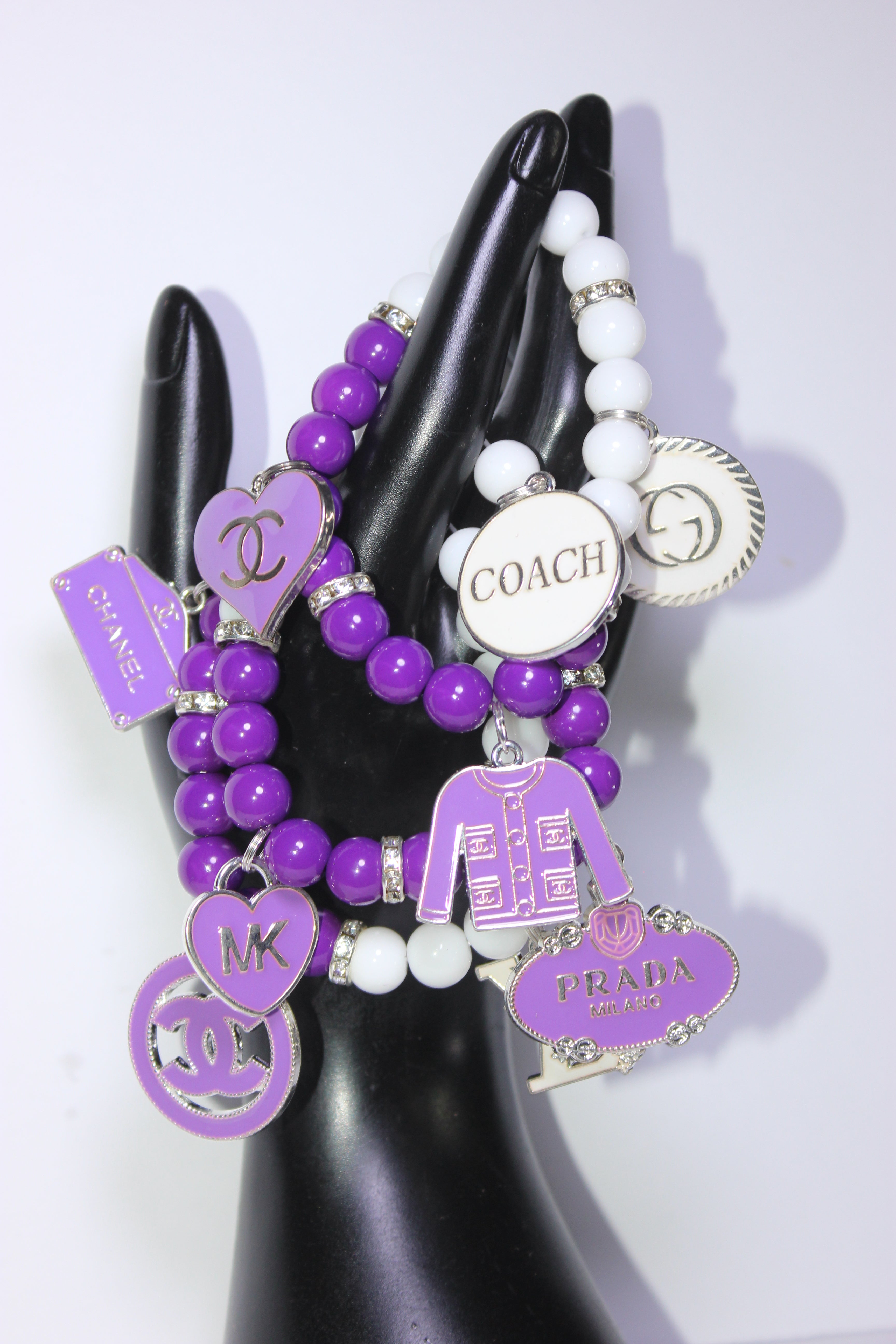 Purple & White w/ Silver 3 Piece Beaded Charm Bracelet Set