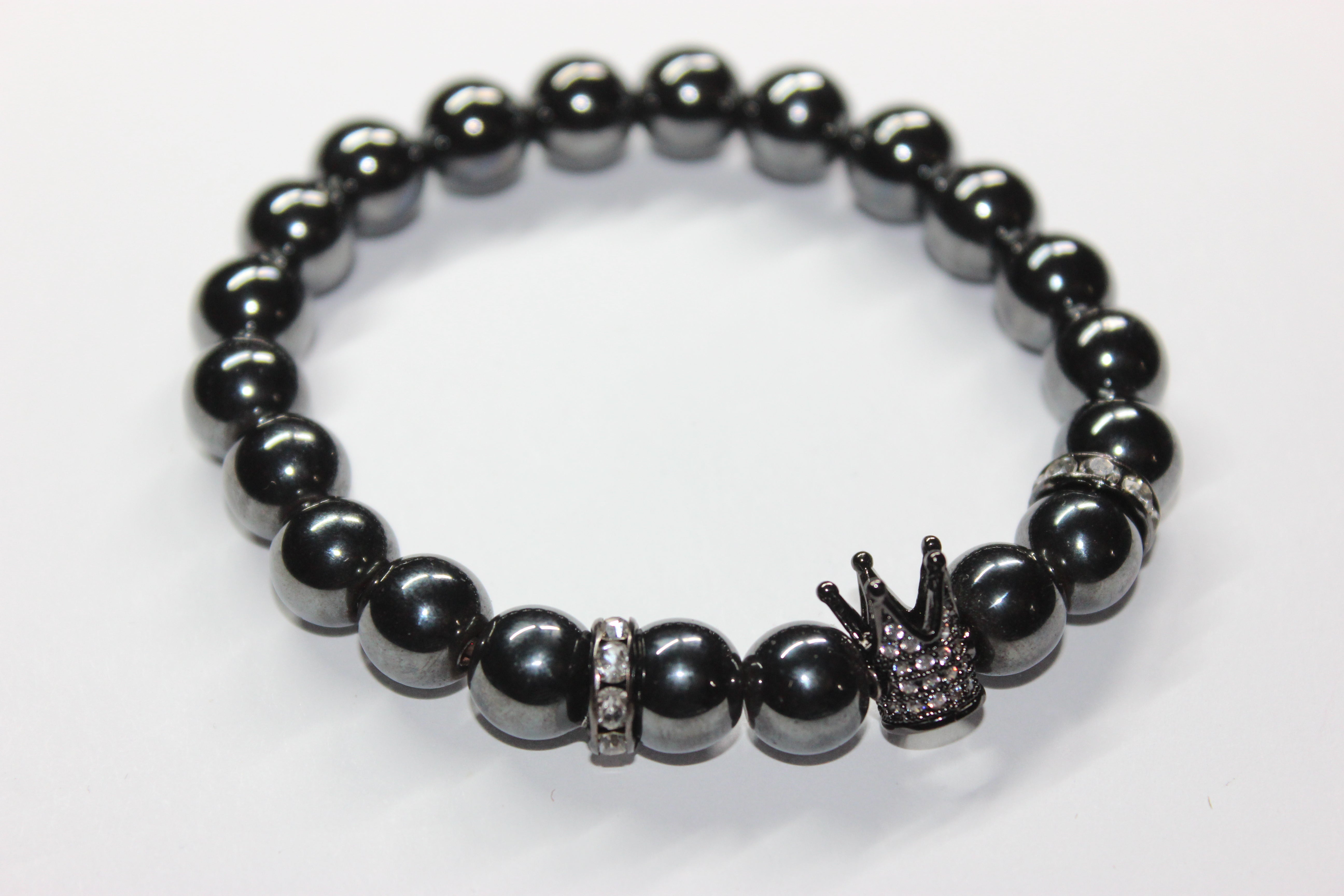Hematite 10mm Beaded Bracelet W/ Crown Charm