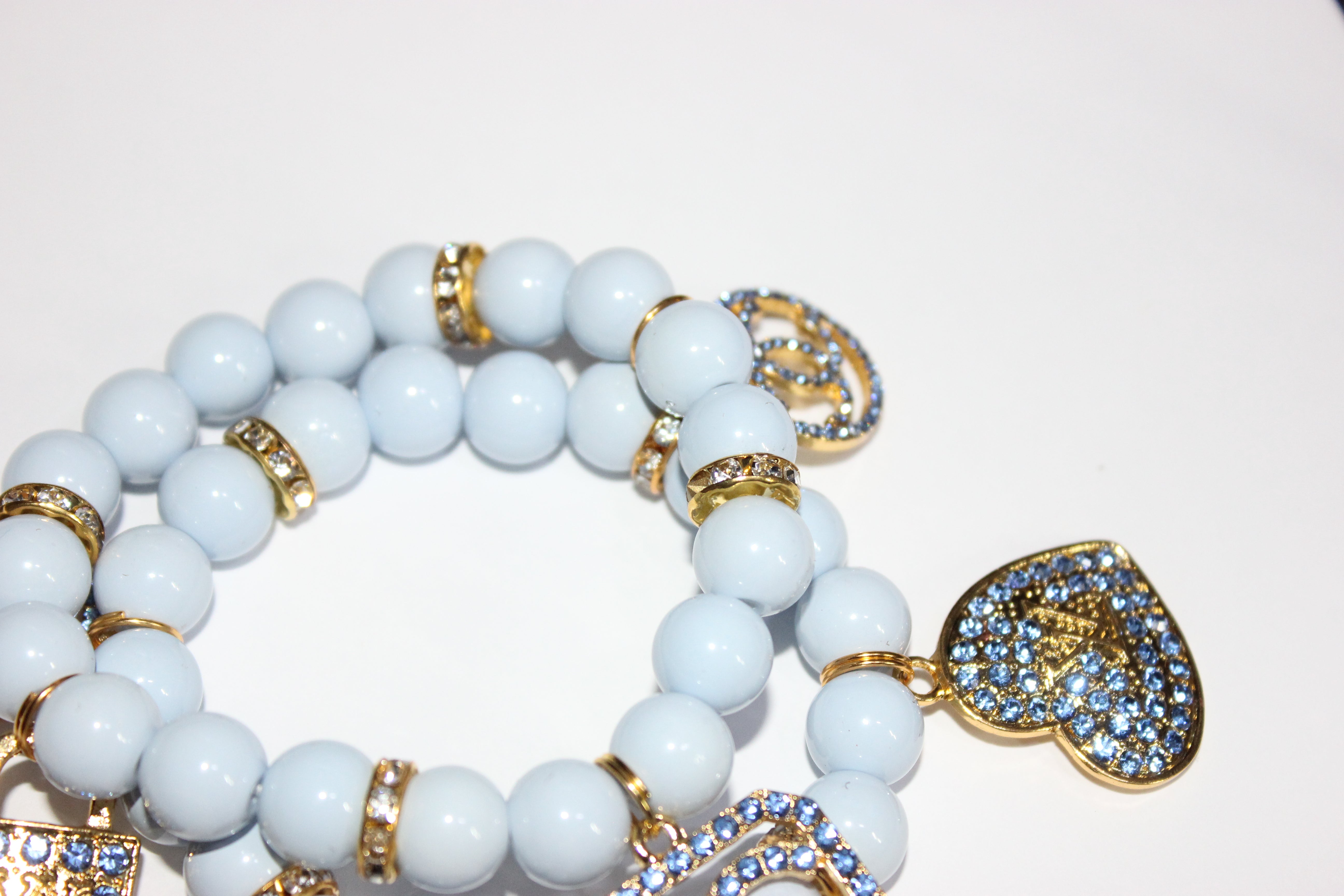 2 Piece Shades Of Light Blue & Gold Charm Bracelet Set