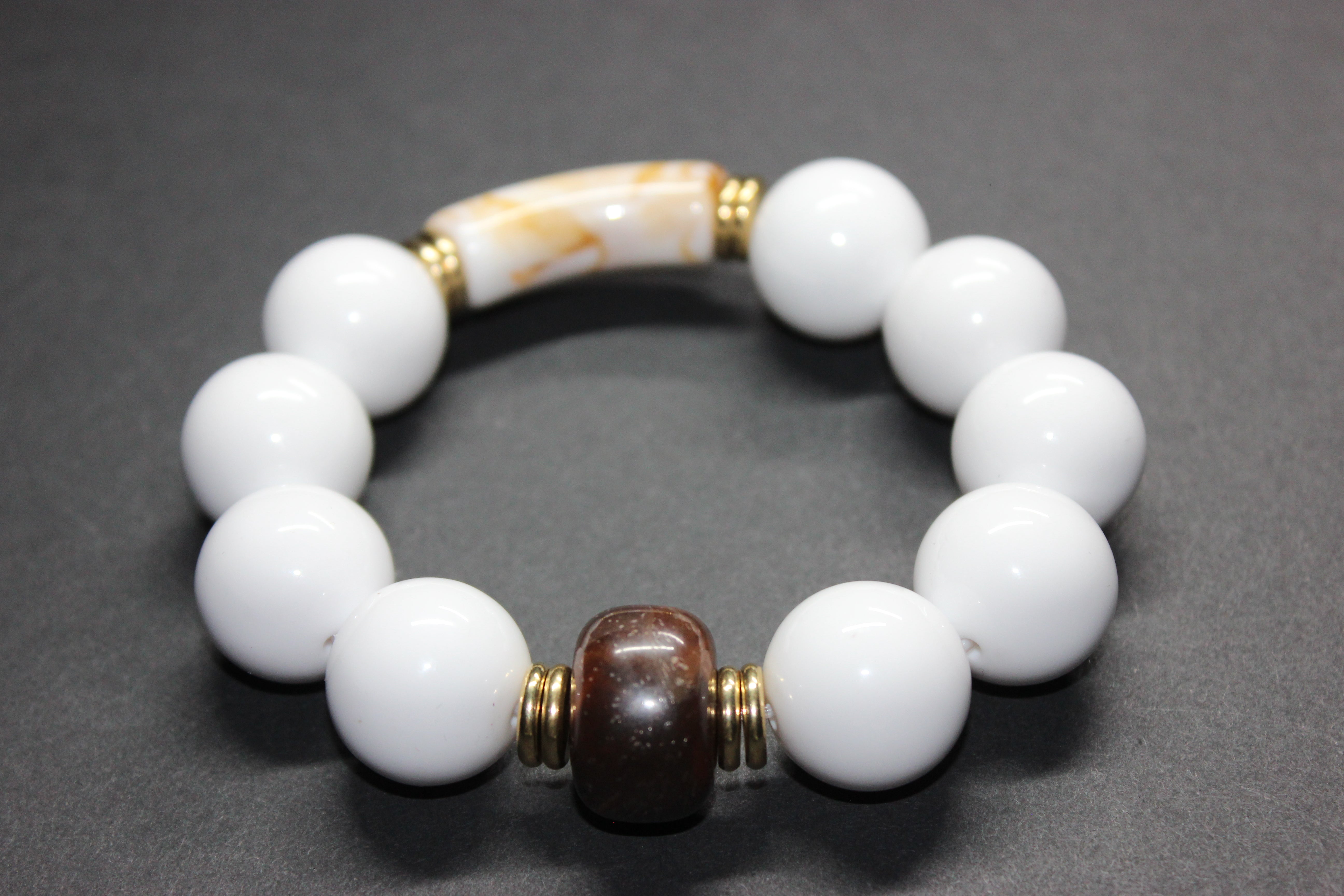 White Brown & Gold Large Beaded Bracelet