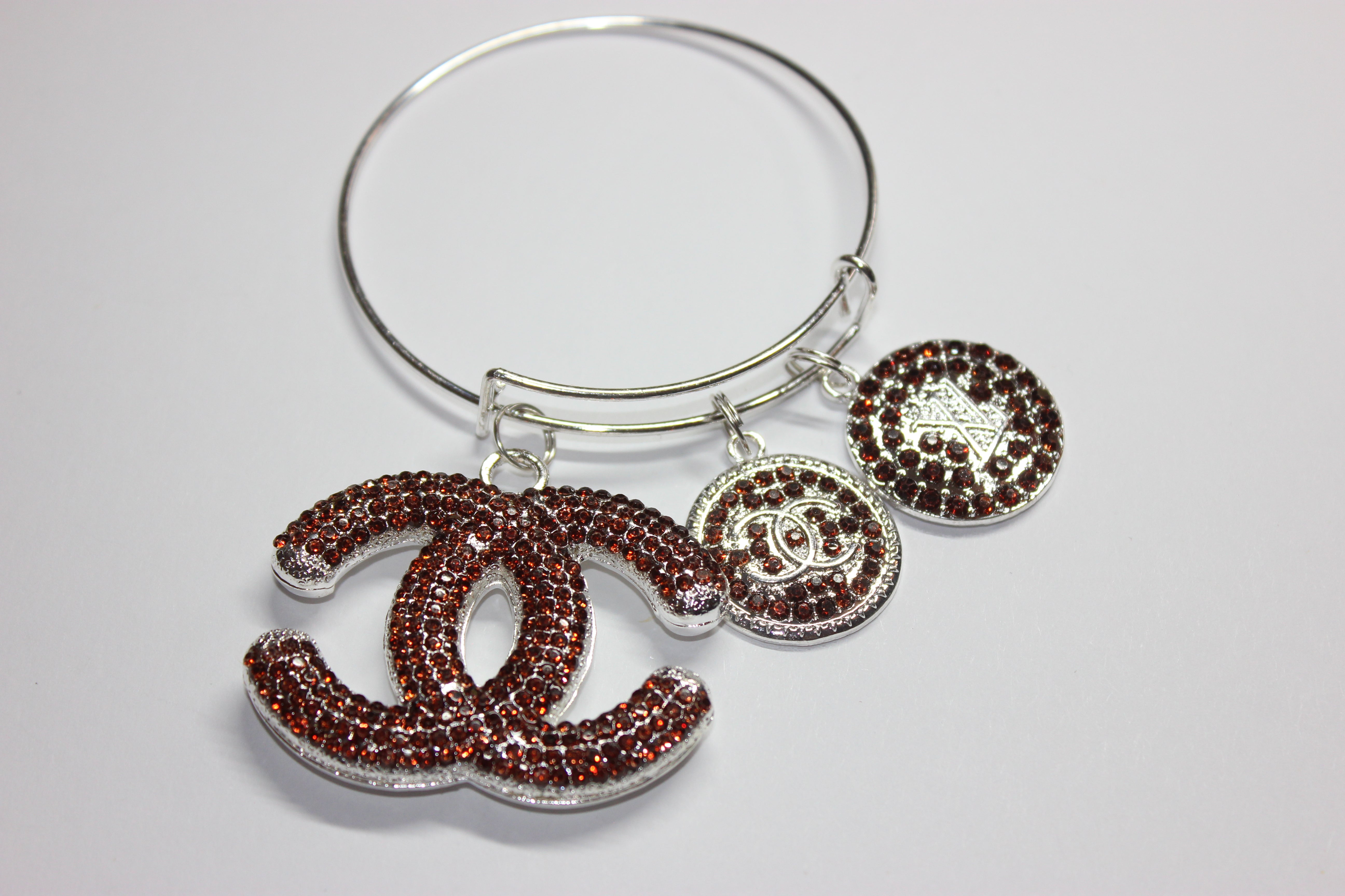 Brown & Silver Rhinestone Charm Bangle