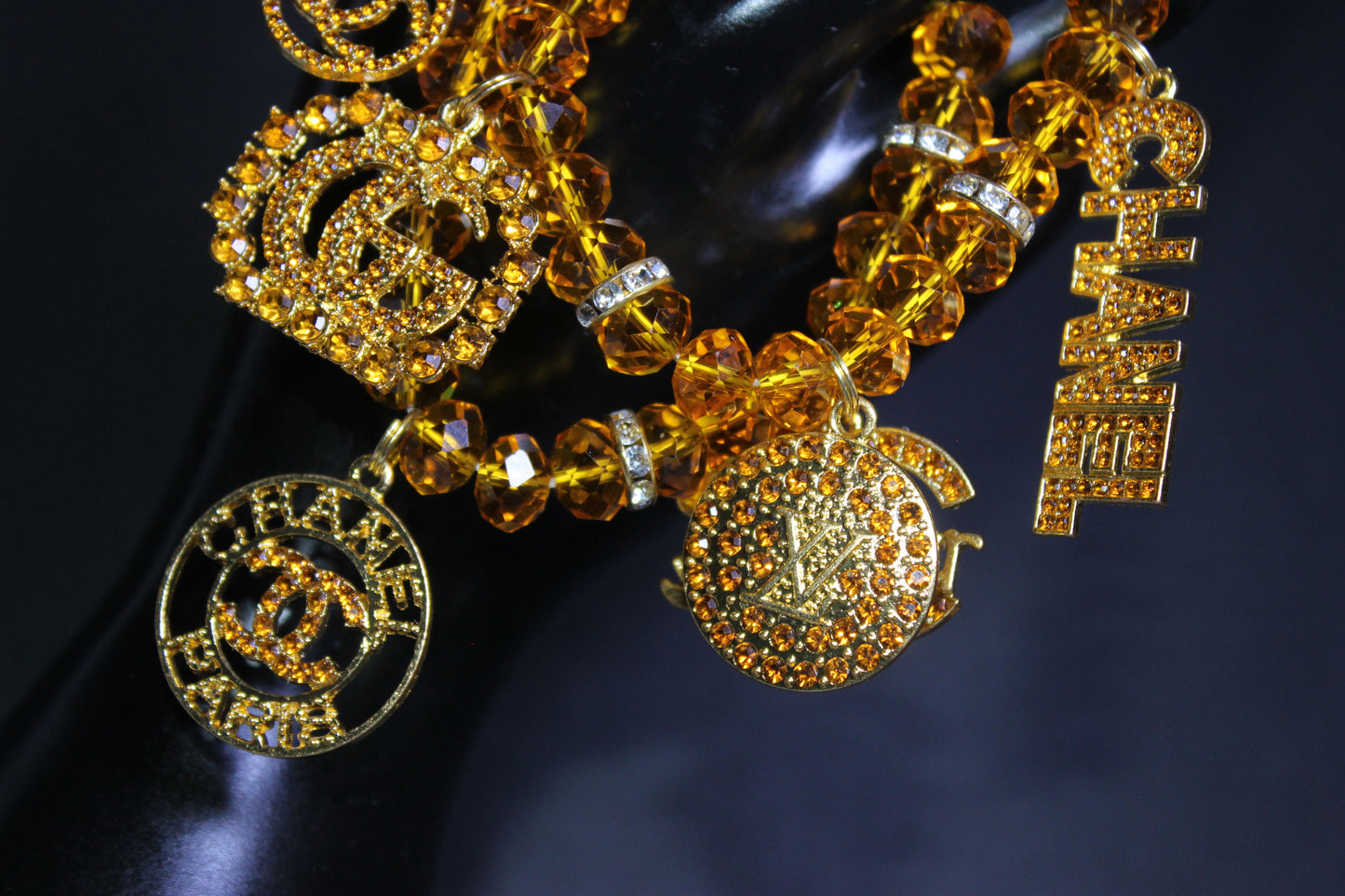 2 Piece Topaz/Gold Crystal Charm Bracelet Set