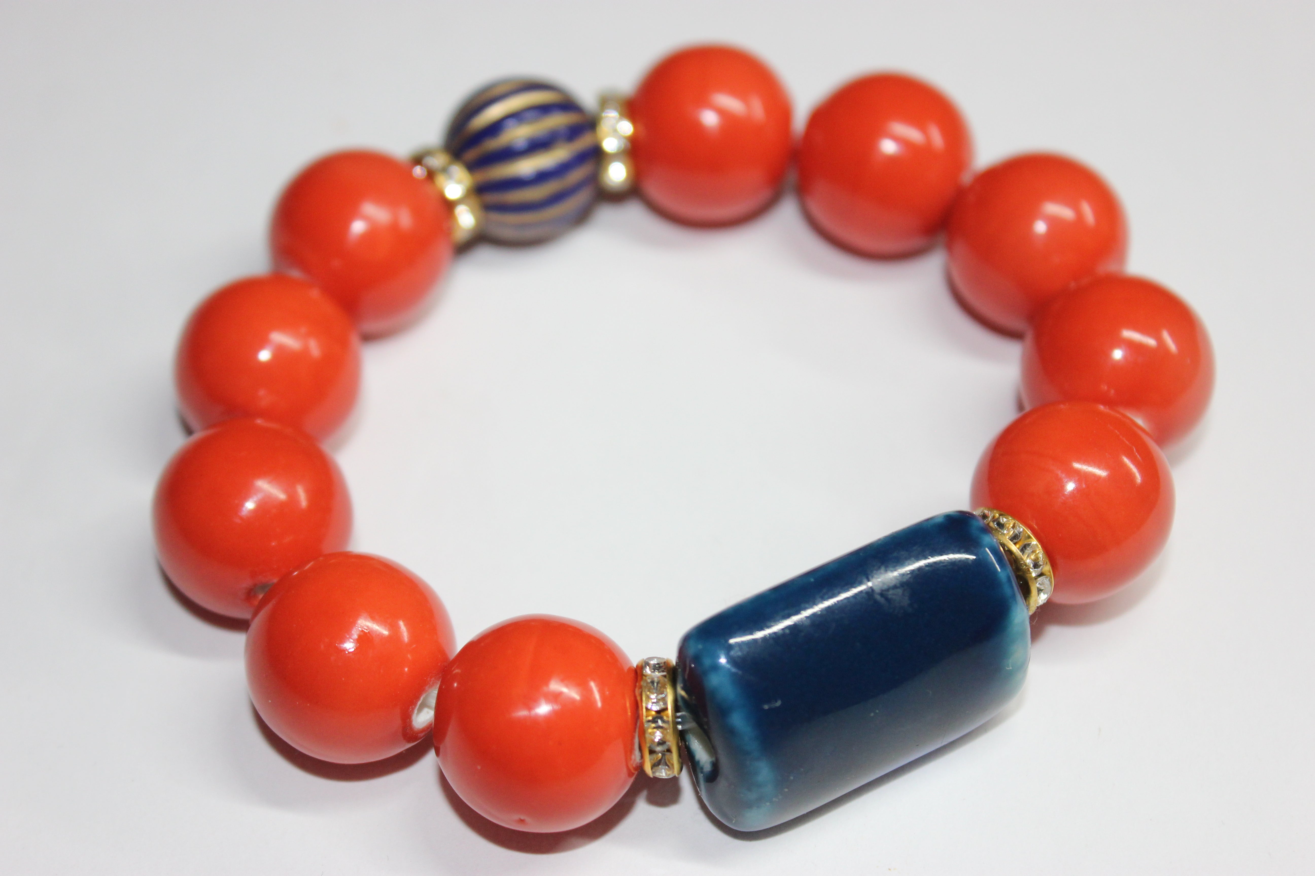 Orange & Blue Ceramic  Glass Gemstone Beaded Bracelet