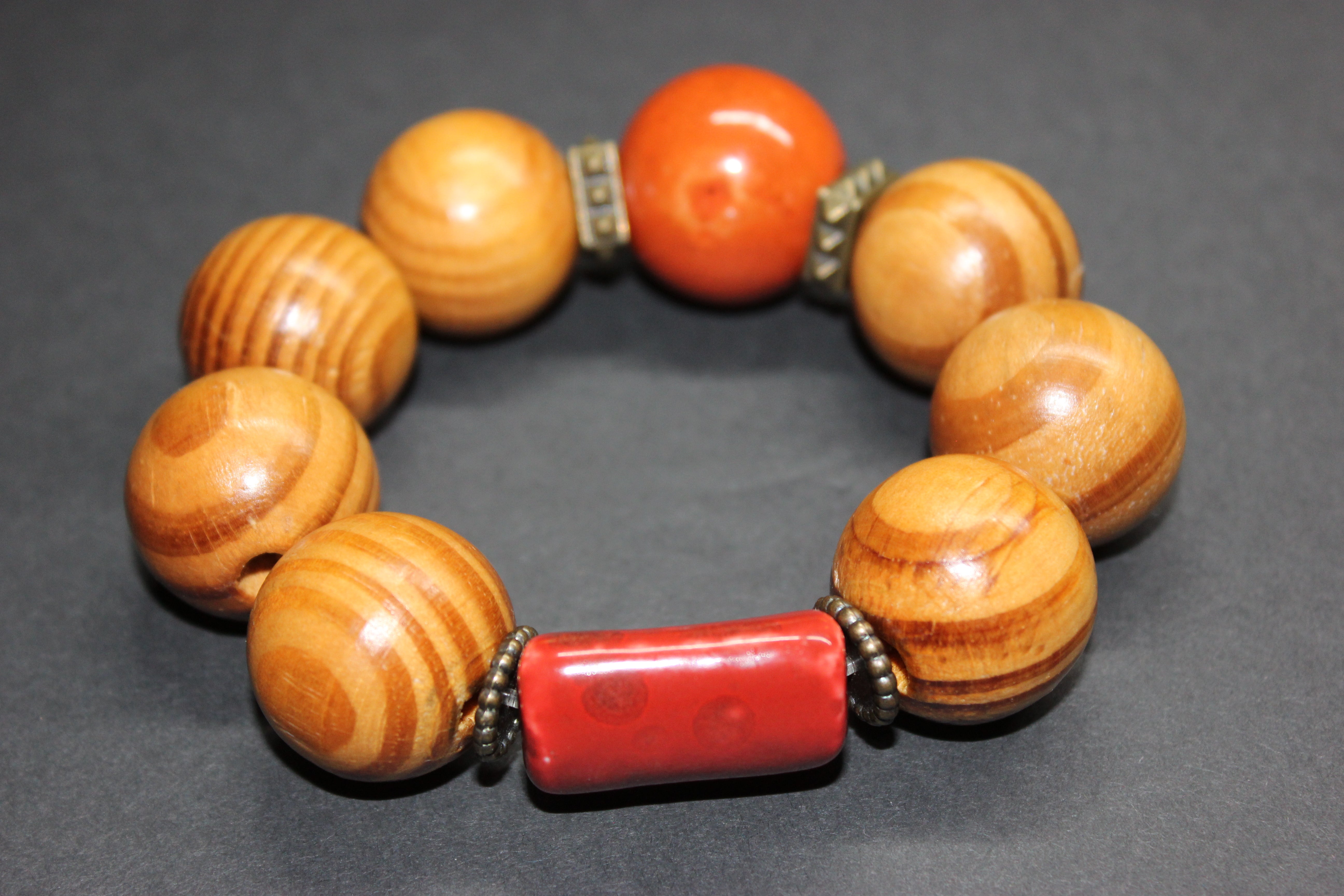 Large Wood & Orange Beaded Bracelet