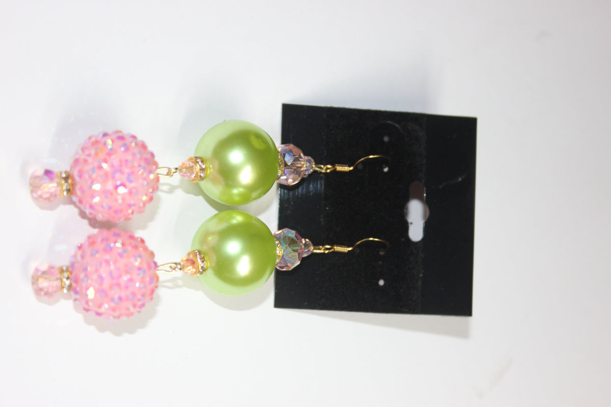 Pink & Green w/ Gold Pearl Rhinestone Earrings