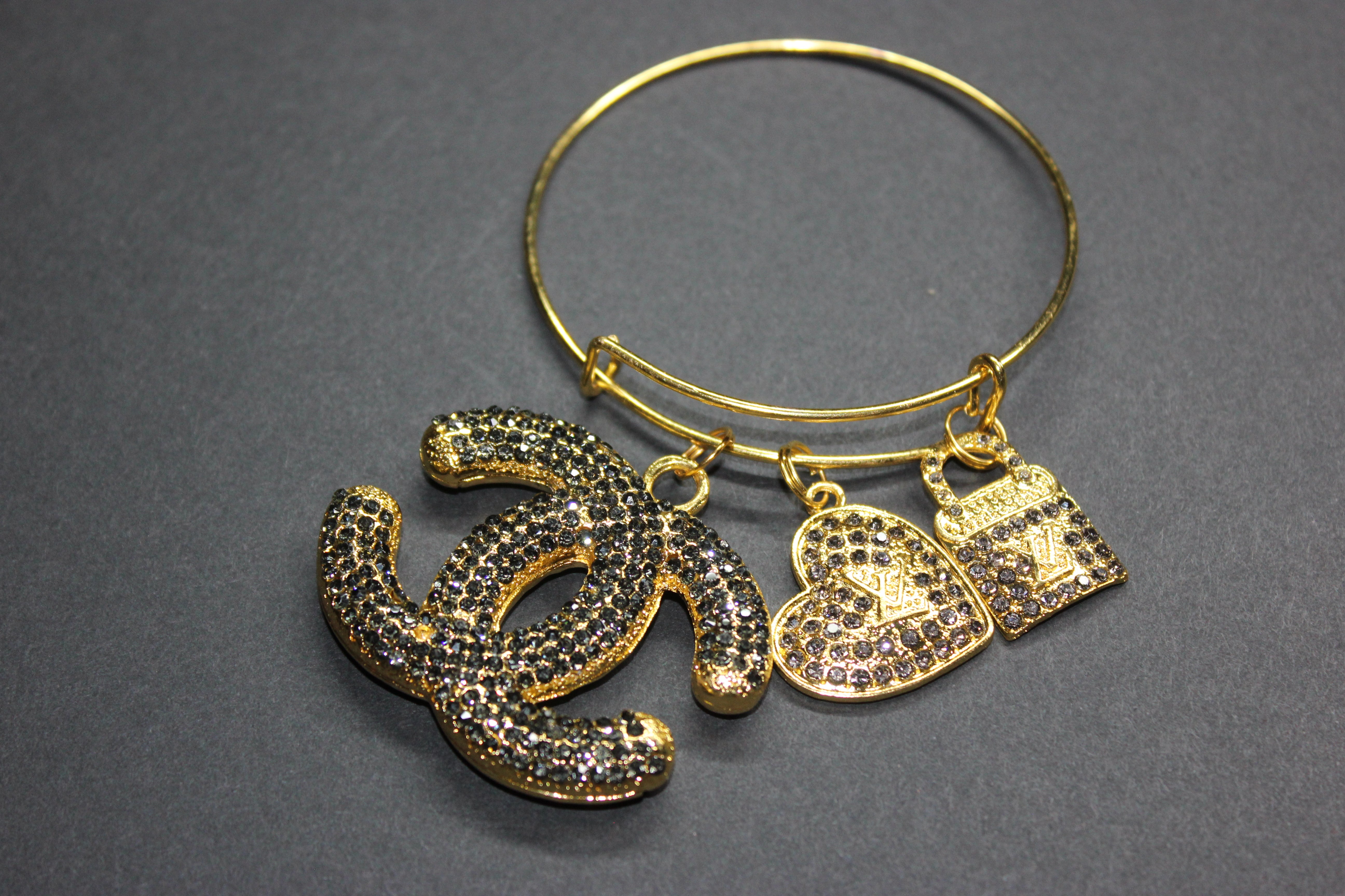 Grey & Gold Rhinestone Charm Bangle