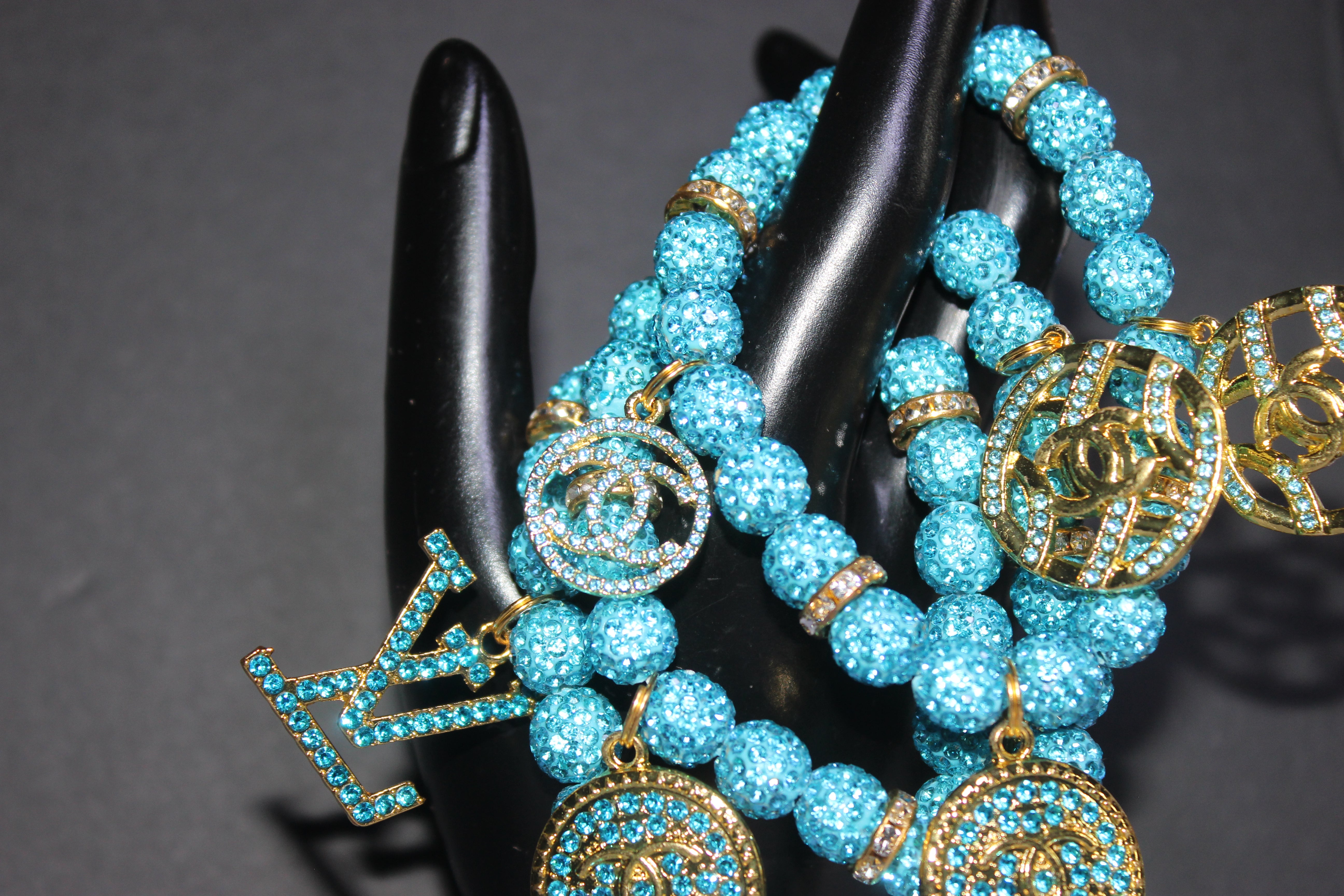 3 Piece Aquamarine & Gold Rhinestone Charm Bracelet Set