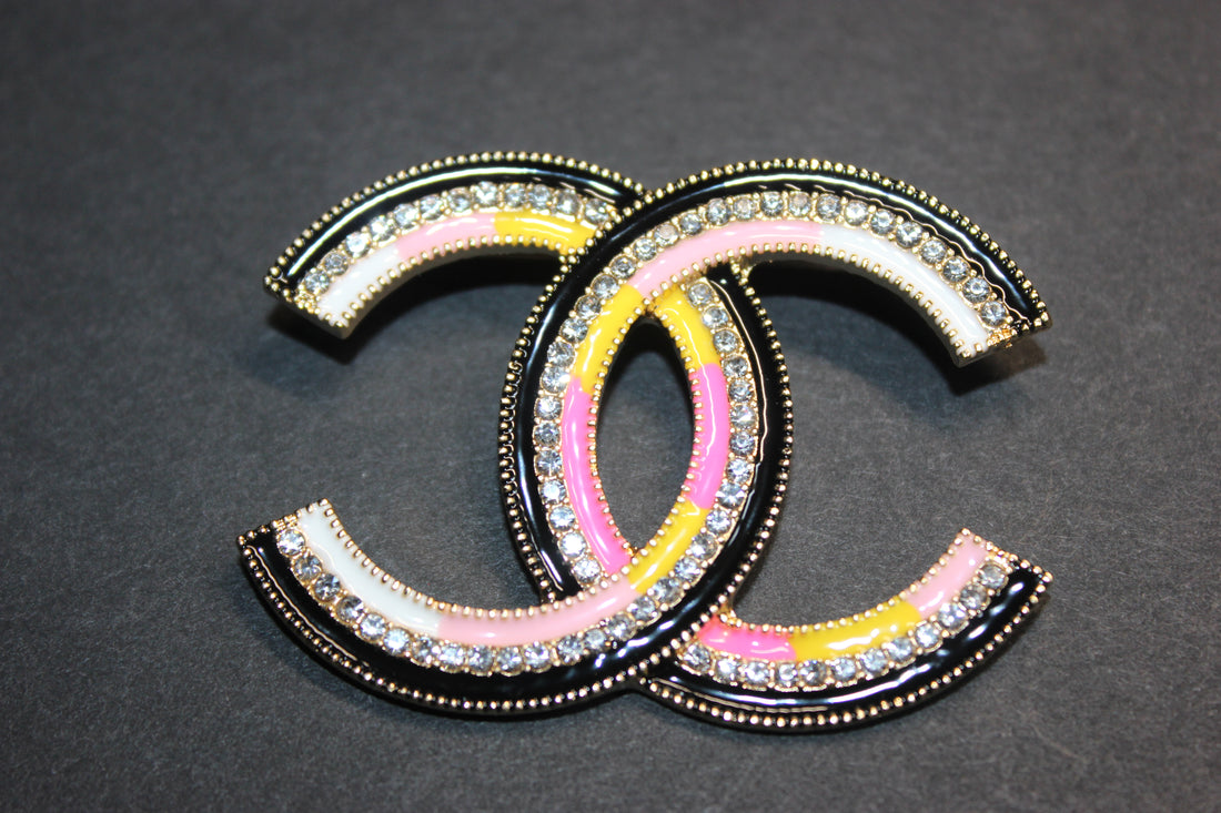 Pink/Yellow/Black/White Brooch Pin w GOLD