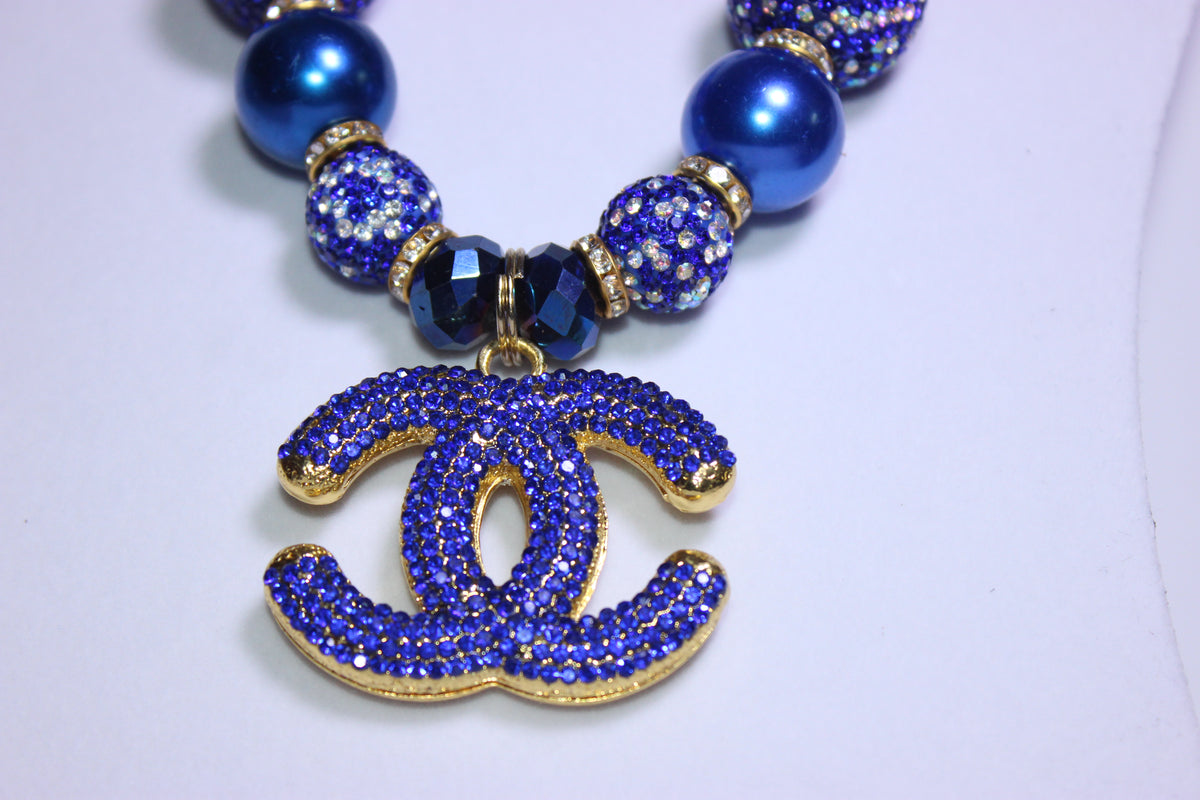 Stonewashed Blue Pearl & Rhinestone Charm Necklace Set with Earrings (Gold)